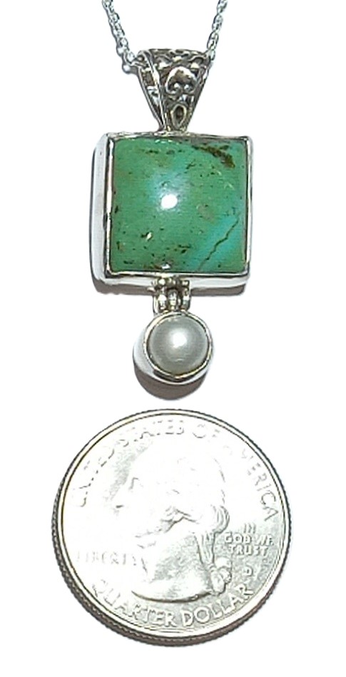 Turquoise and Pearl pendant in sterling silver.