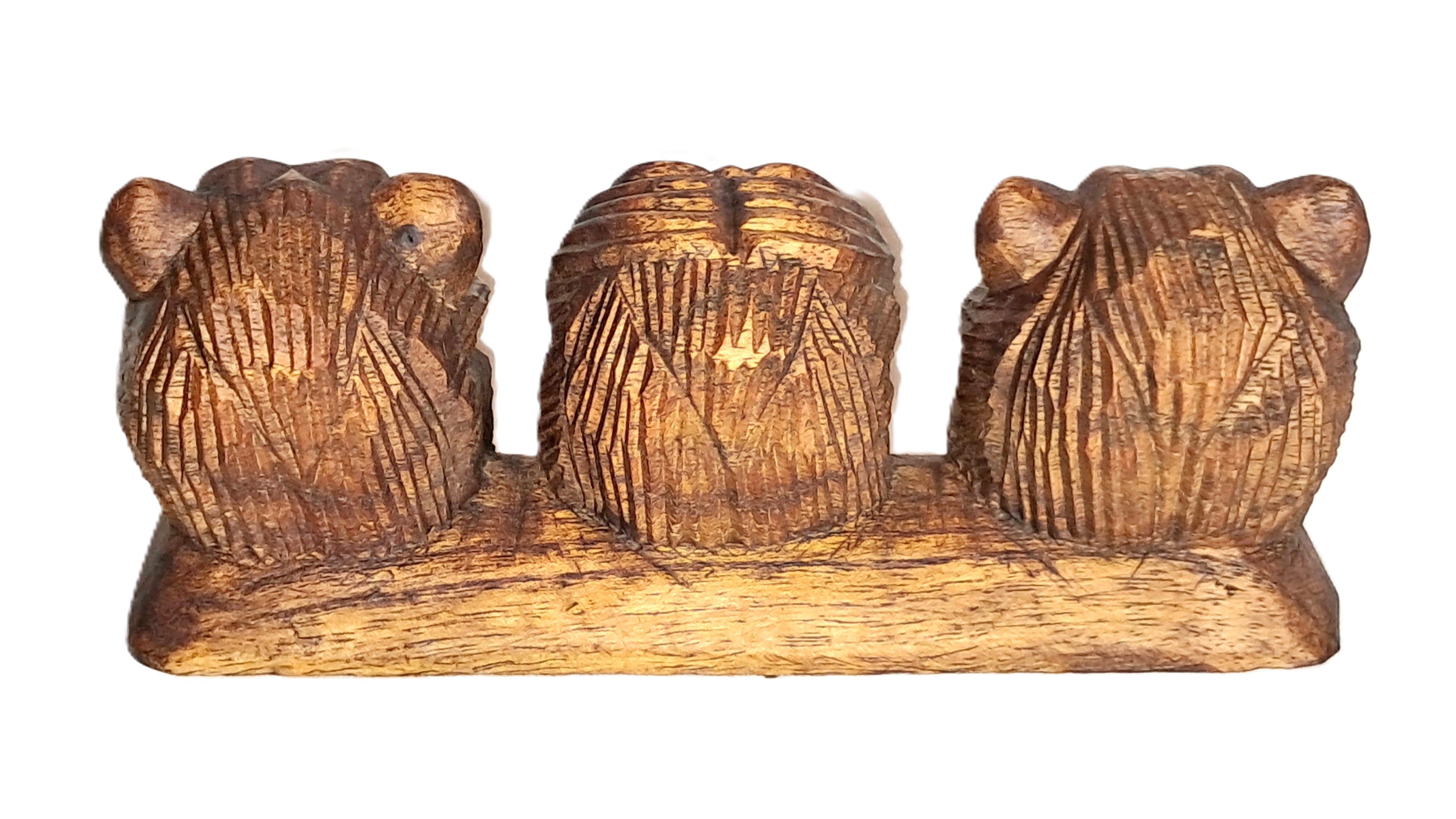 Monkeys, see, hear, speak no evil, wood carving (mnk3h)