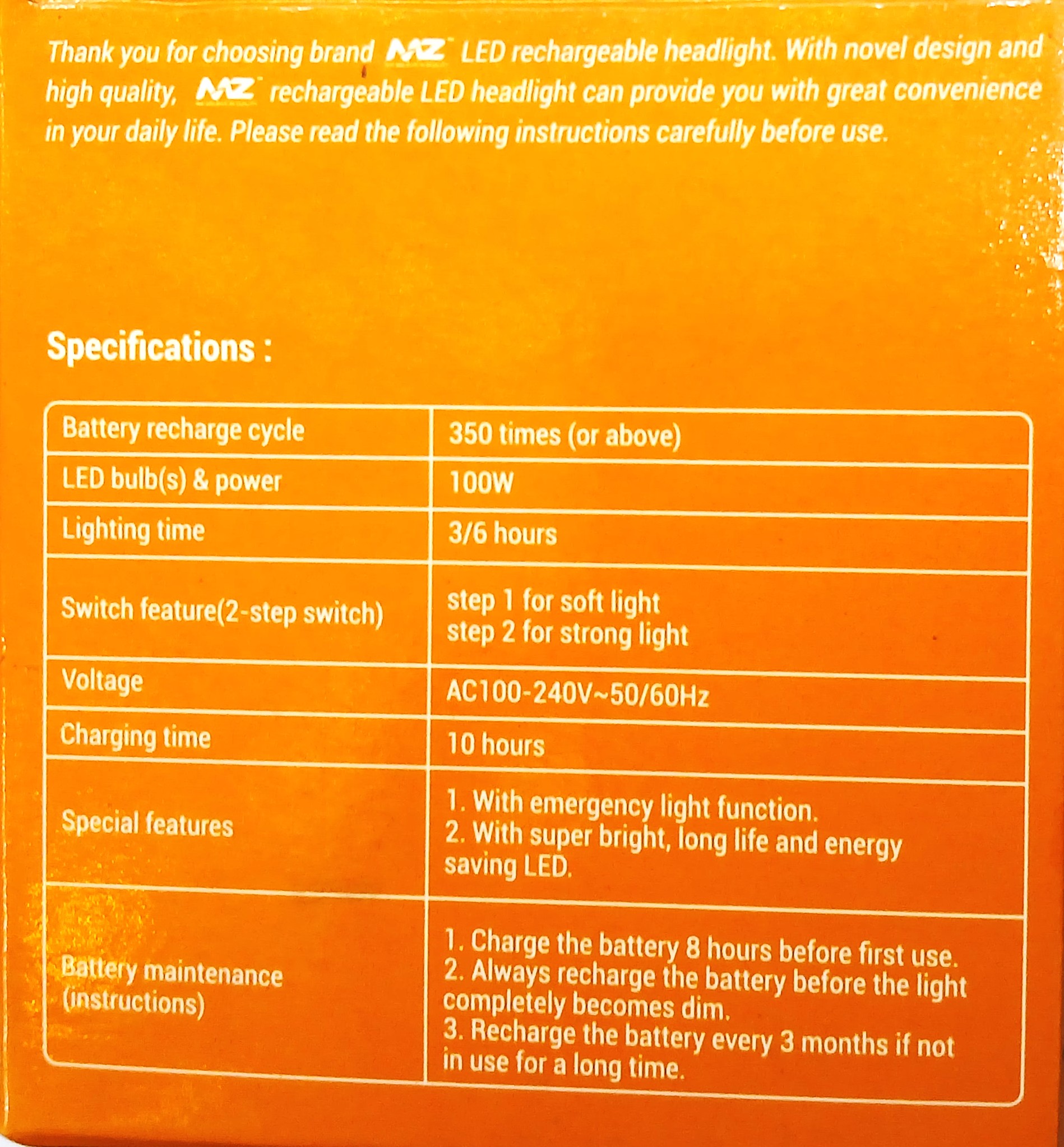 MZ RECHARGEABLE SENSOR HEADLIGHT M957 100W POWER 