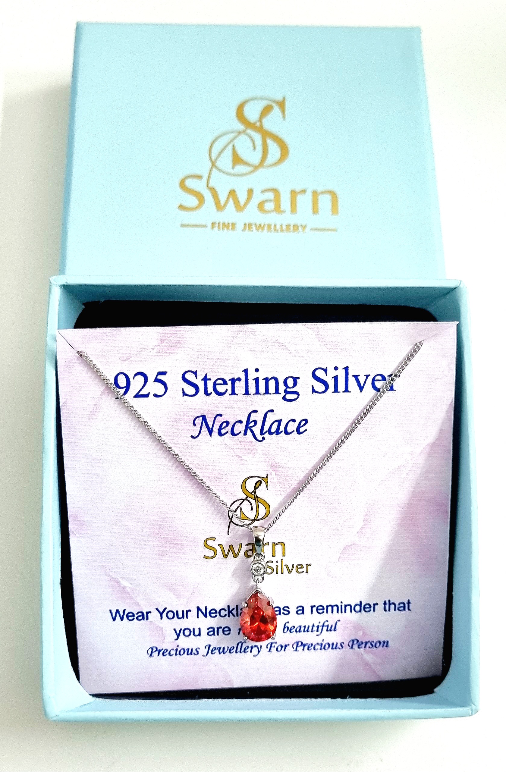 25 Sterling Silver Red Stone Pear Pendant Necklace With Chain with cubic zirconia Gift For Girls With Certificate Of Authenticity