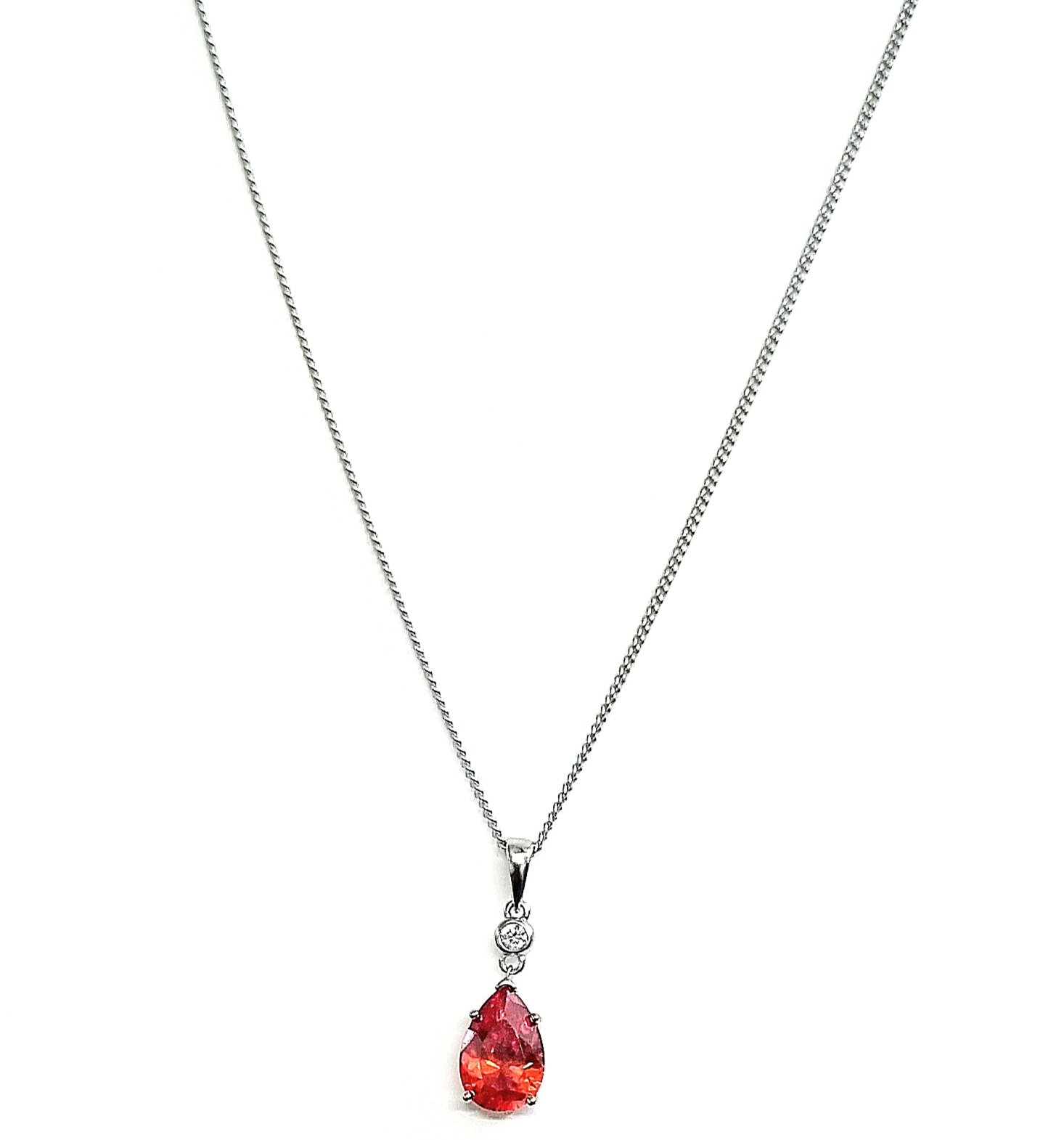 25 Sterling Silver Red Stone Pear Pendant Necklace With Chain with cubic zirconia Gift For Girls With Certificate Of Authenticity