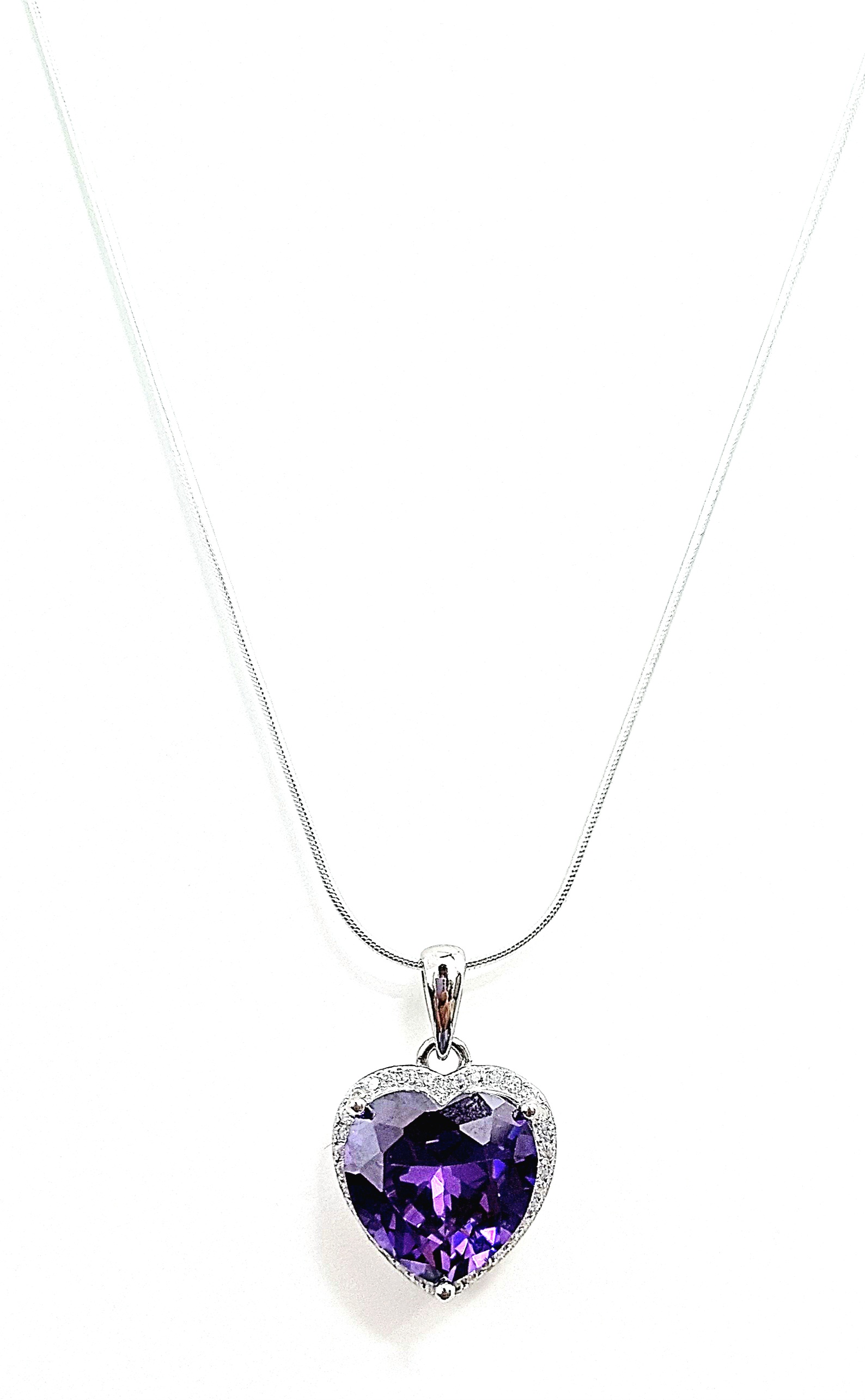 925 Sterling Silver Purple Heart Pendant Necklace With Chain Studded With Cubic Zirconia, Valentine Gift For Girls With Certificate Of Authenticity