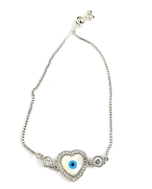 925 Sterling Silver Adjustable Heart Evil Eye Nazariya Bracelet For Girls/Women to Gift With Certificate of Authenticity
