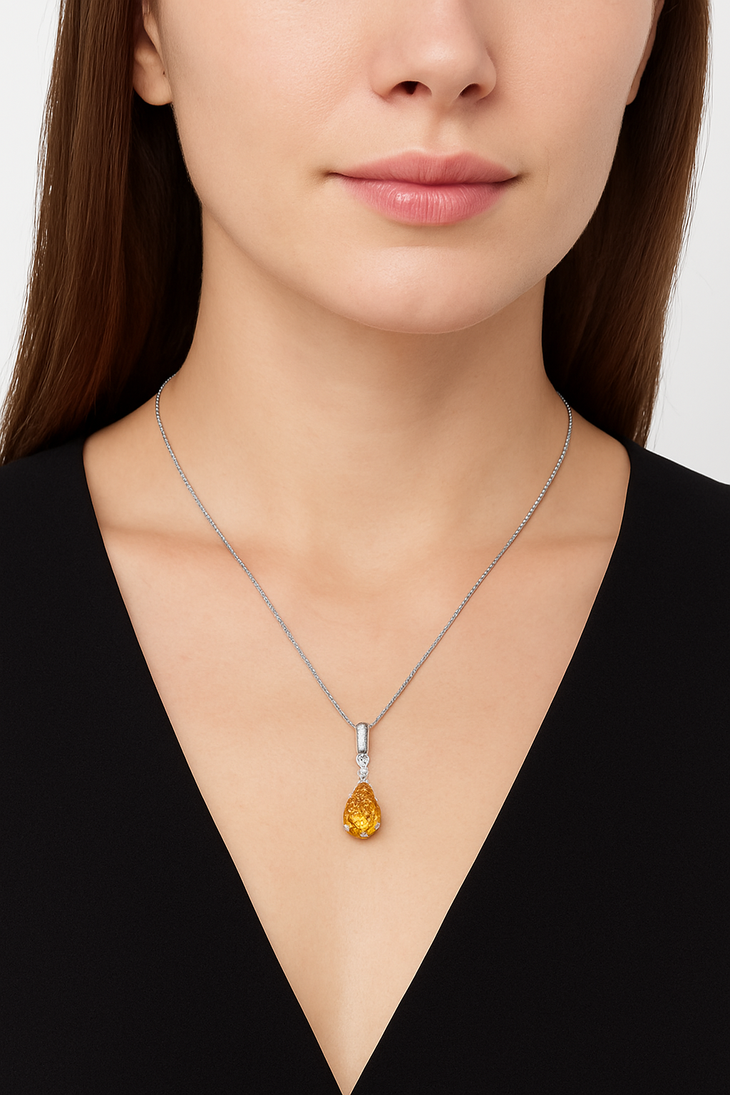 Pear Cut Yellow Stone Silver Pendant Necklace By Swarn Jewels