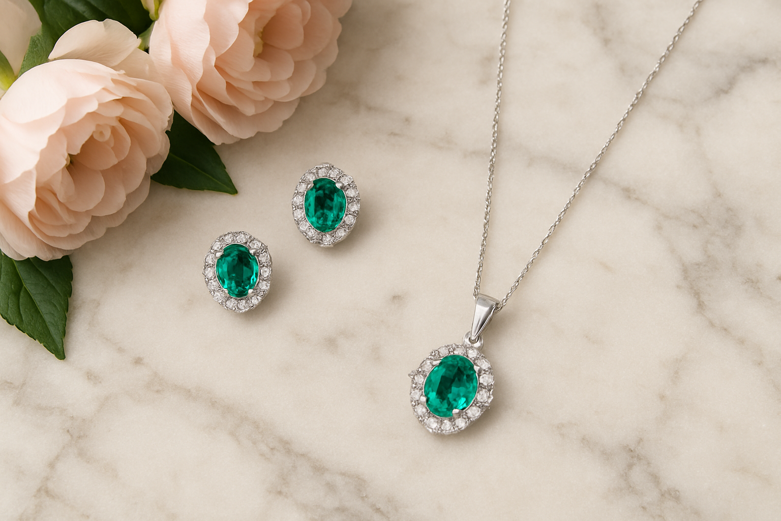 Emerald Oval Pendant and Earrings Set (Without Chain )
