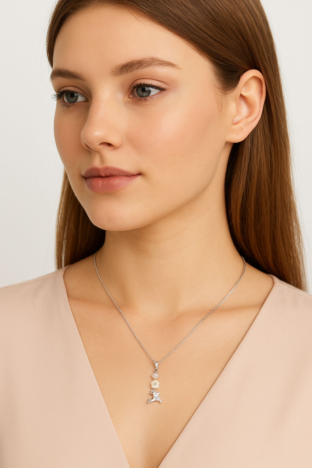 Silver Floral Pendant Necklace with Pink Stones & White Blossom By Swarn Jewels