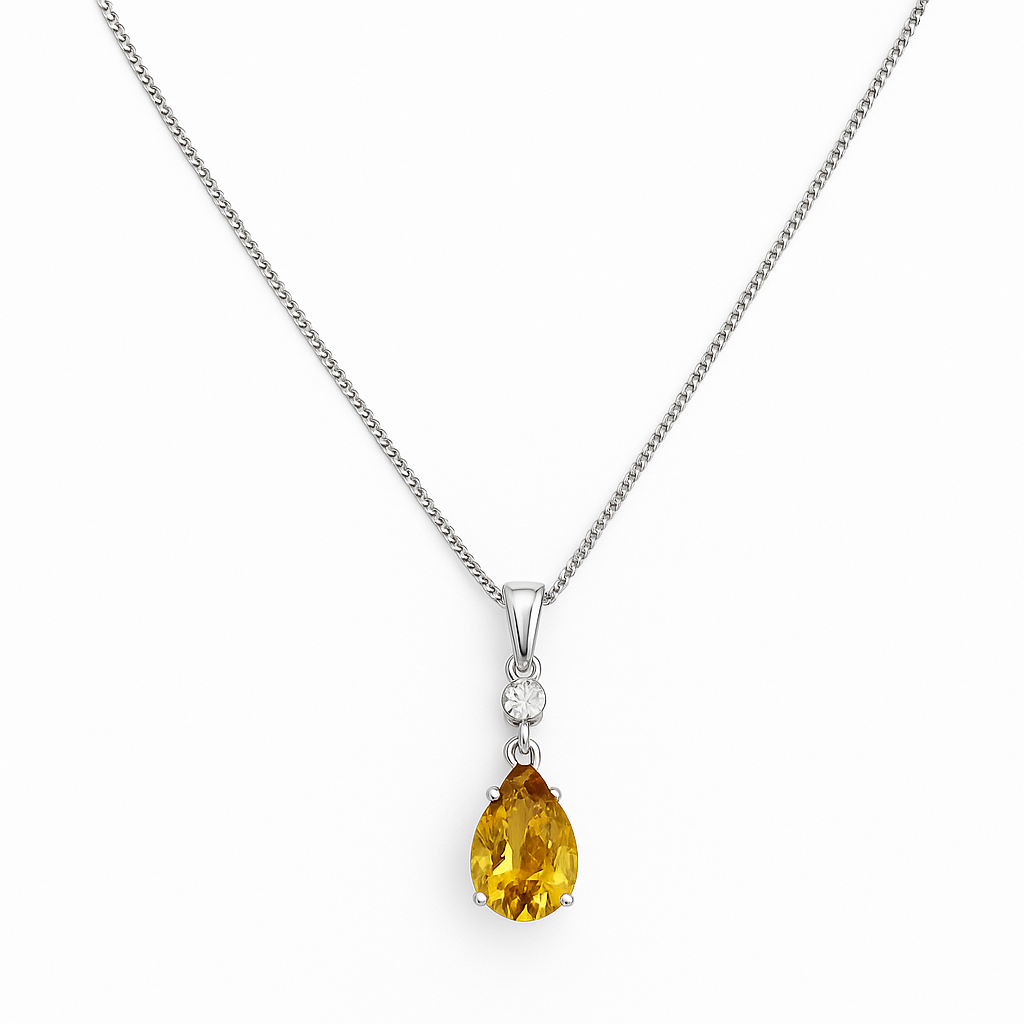 Pear Cut Yellow Stone Silver Pendant Necklace By Swarn Jewels
