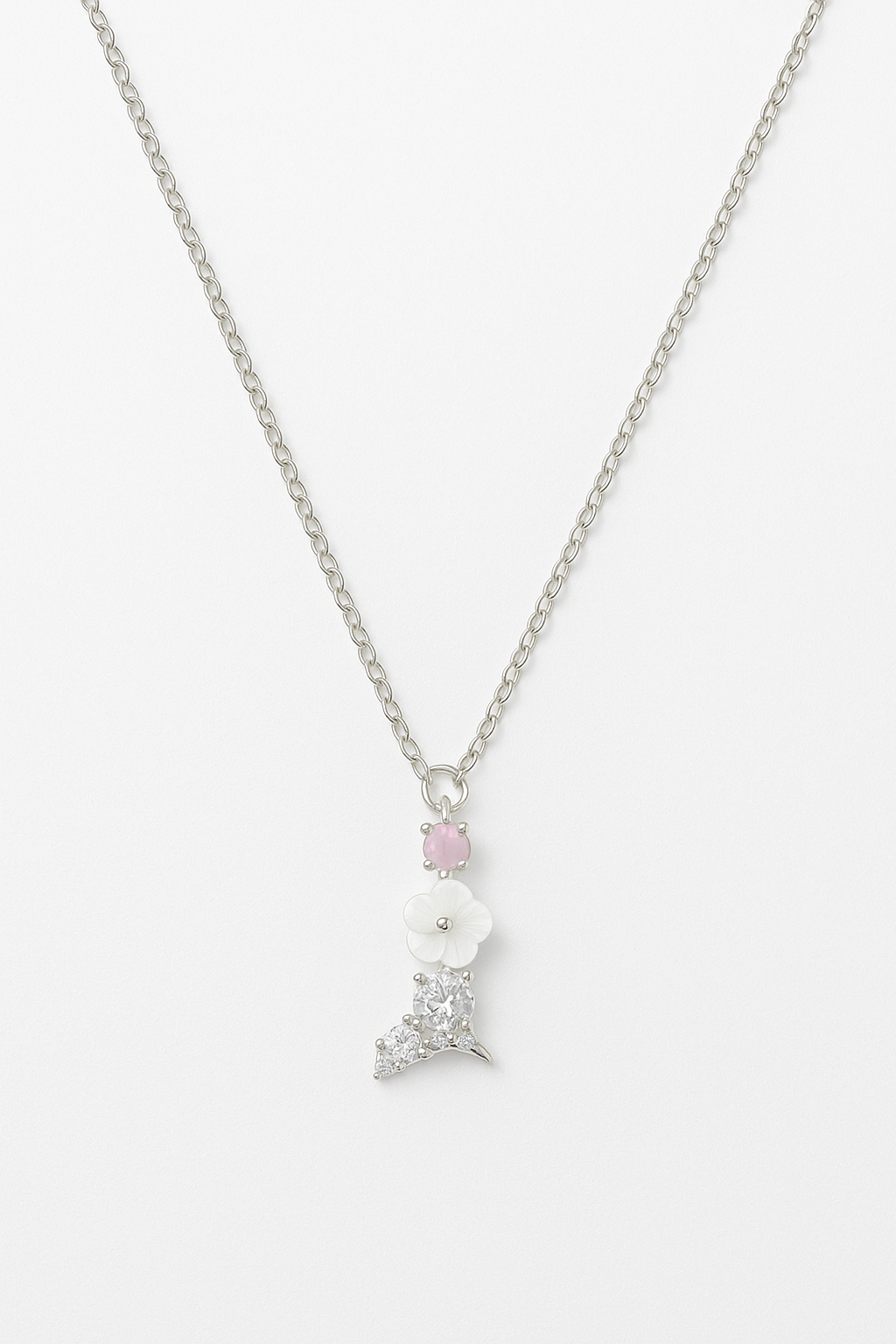 Silver Floral Pendant Necklace with Pink Stones & White Blossom By Swarn Jewels