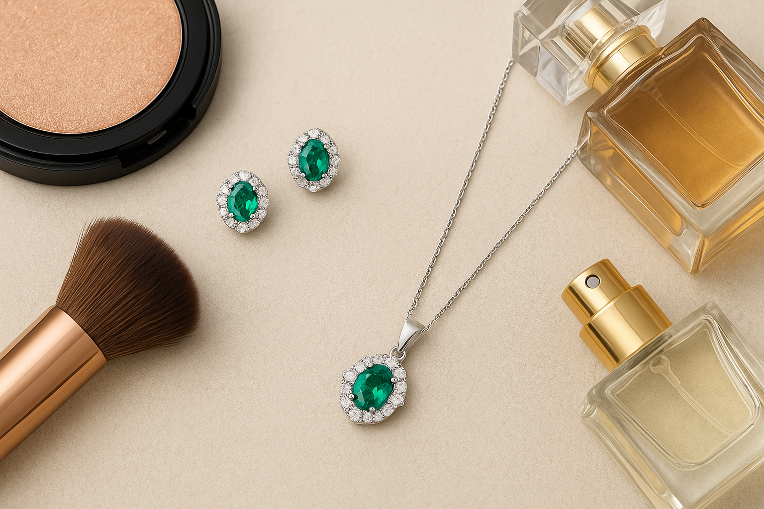 Emerald Oval Pendant and Earrings Set (Without Chain )