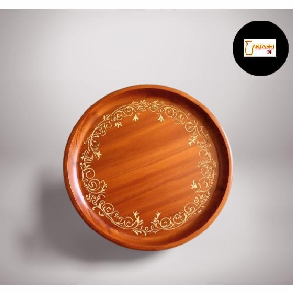 Round wooden tray with floral border