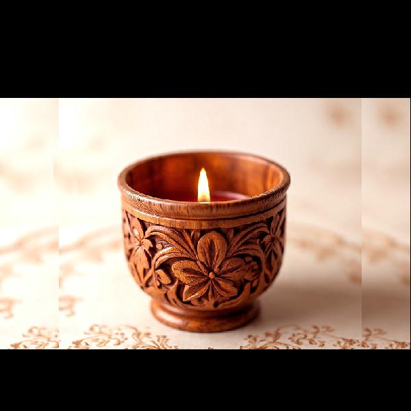 Wooden votive holder with candle