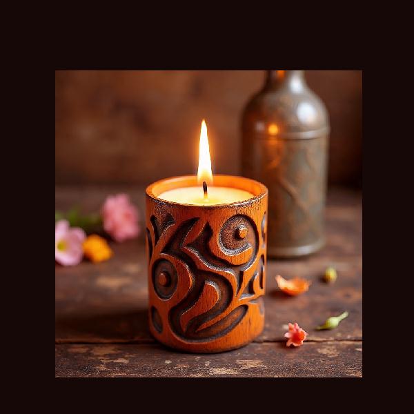 Pillar candle in wood carving holder