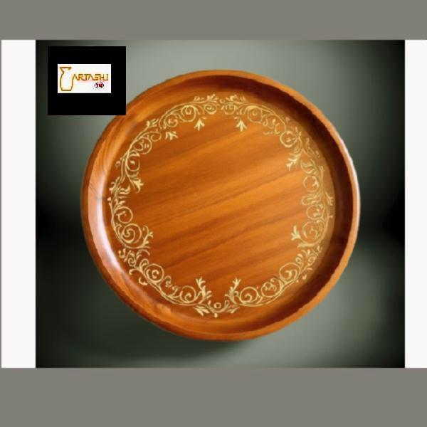 Round wooden tray with floral border
