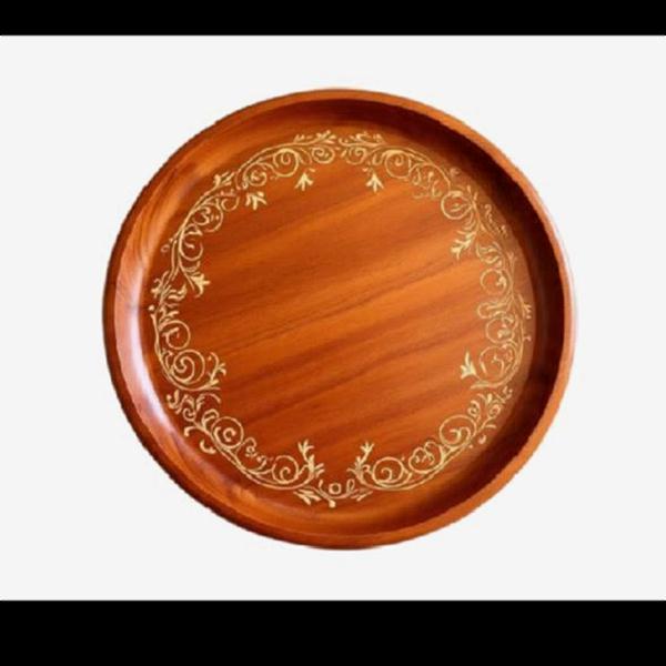 Round wooden tray with floral border