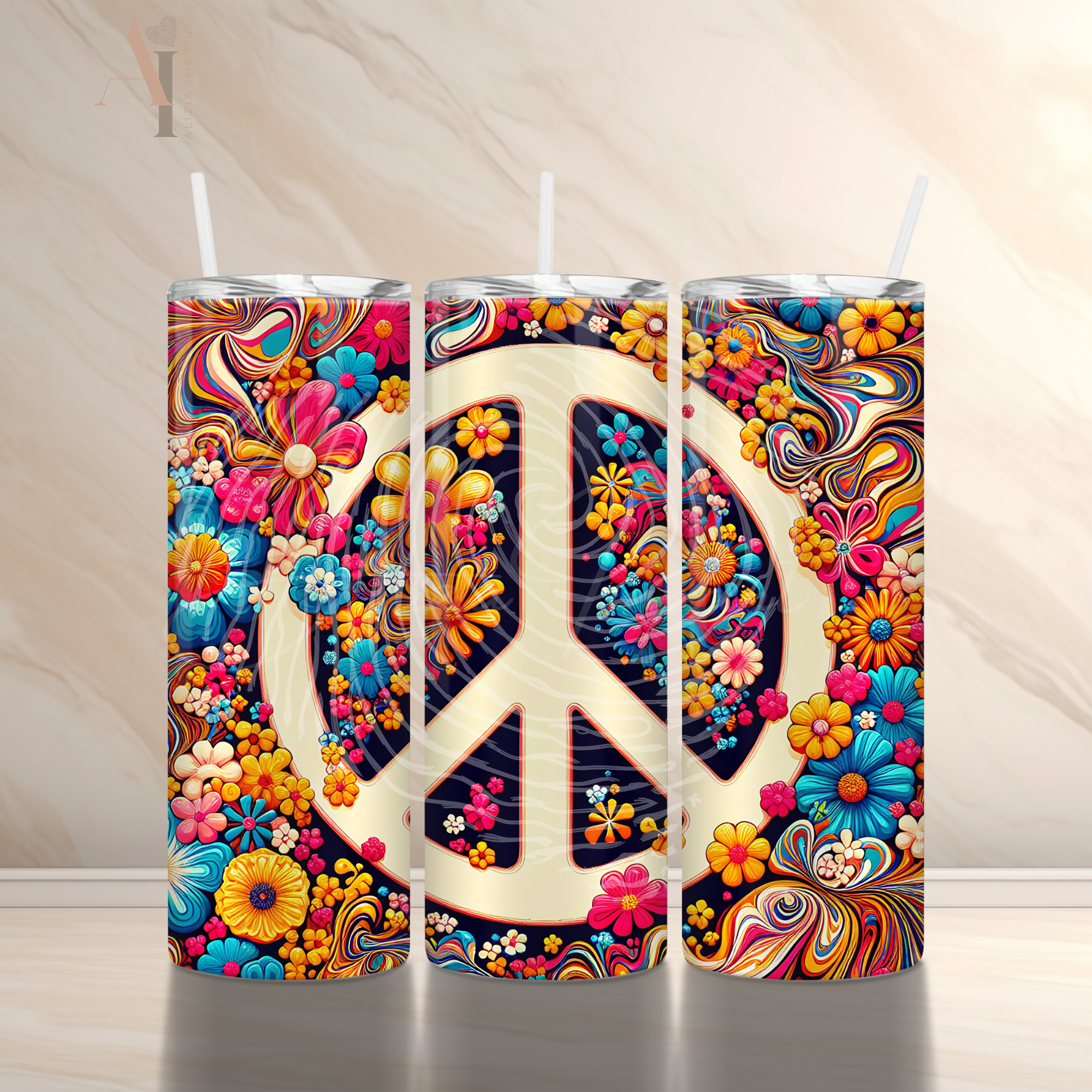 Psychedelic Peace Sign 20 oz Skinny Tumbler Sublimation Design Digital Download PNG Instant DIGITAL ONLY Hippie Digital Sublimation