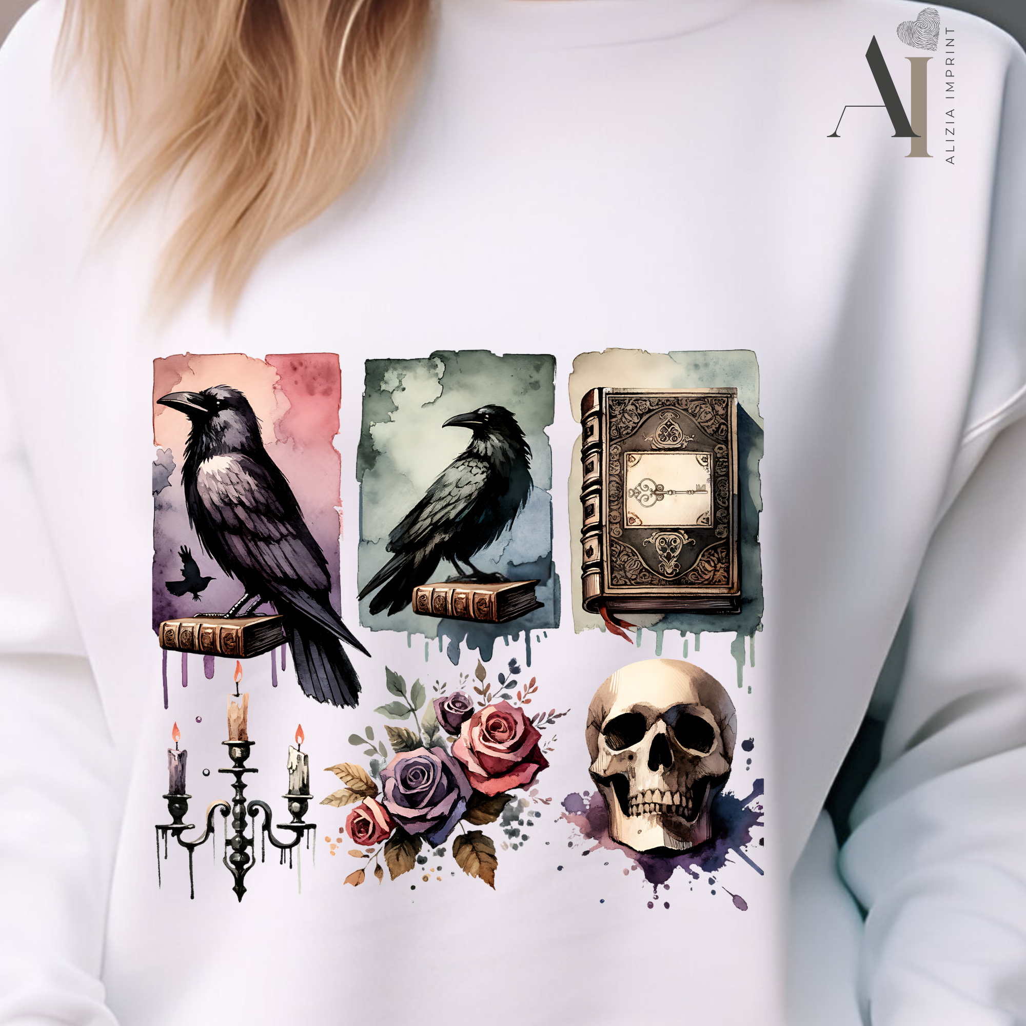 Gothic Raven & Skull Watercolor Brushstroke Bundle: Dark Academia PNG (Digital Download)