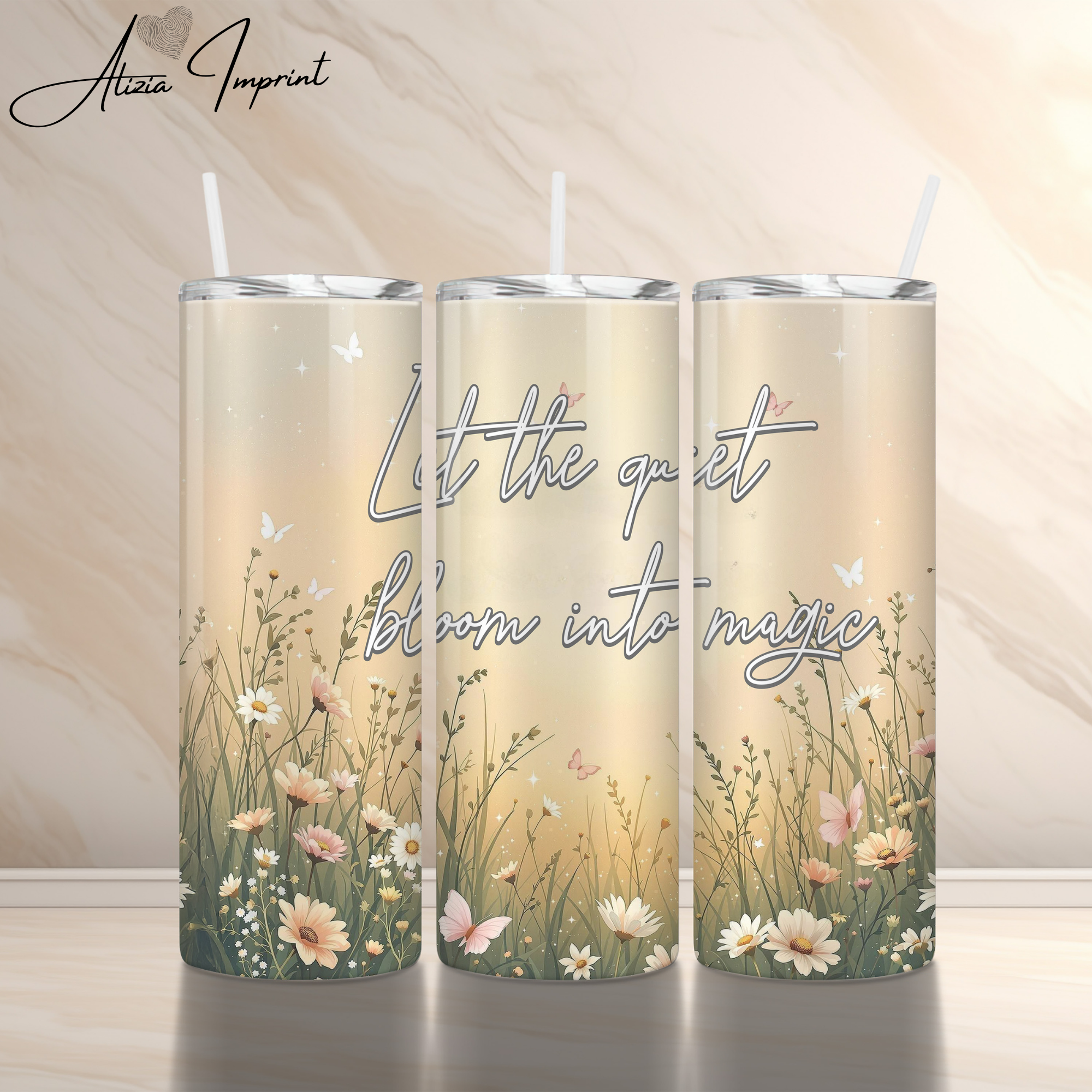 Let the Quiet Bloom Tumblerwrap, Magical Floral Quote Sublimation, Soft Pastel Wildflower Clipart, Boho Calm Affirmation Art