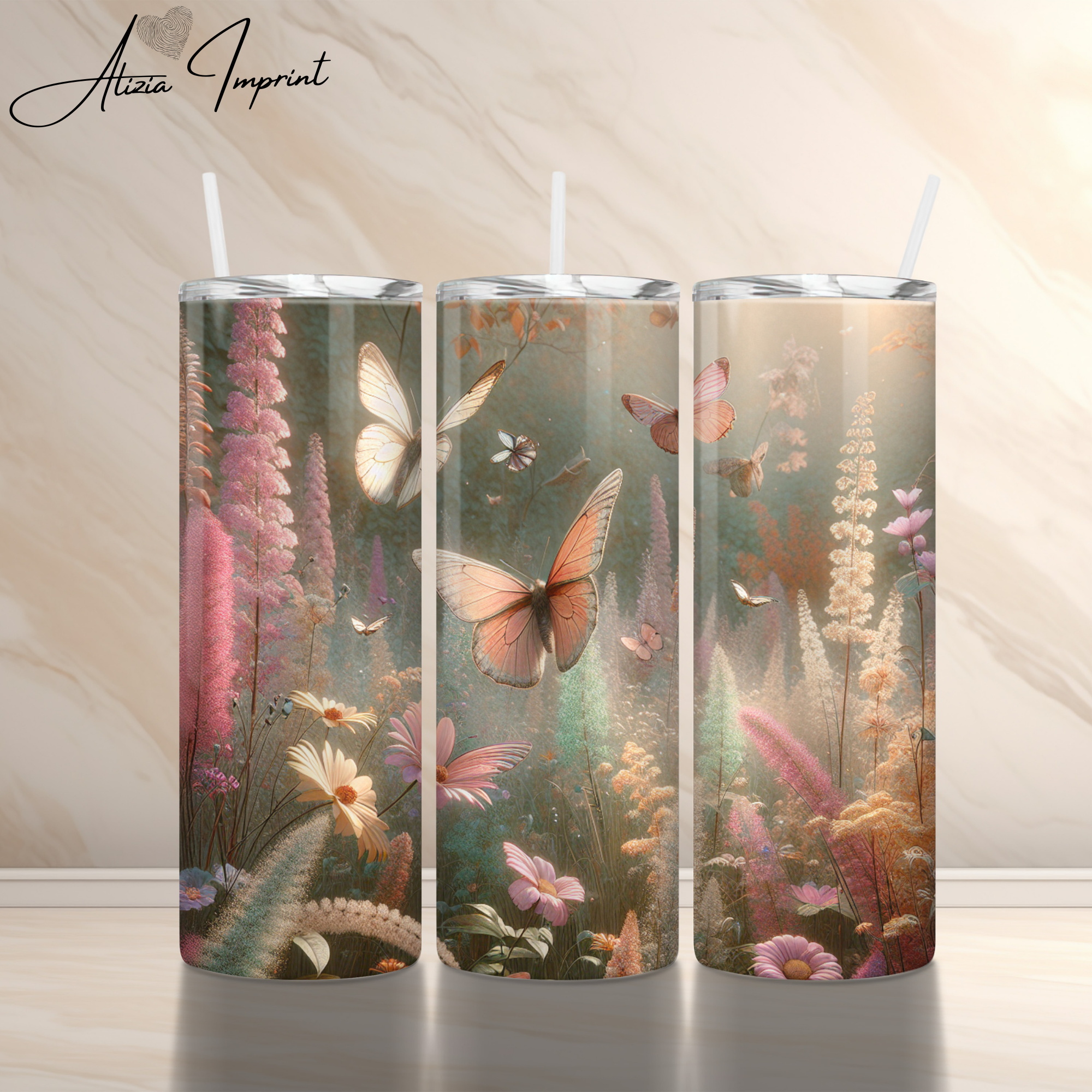 Butterfly Bloom Tumblerwrap, Pastel Garden Sublimation, Dreamy Floral Clipart, Boho Butterfly Art, Feminine Nature Aesthetic