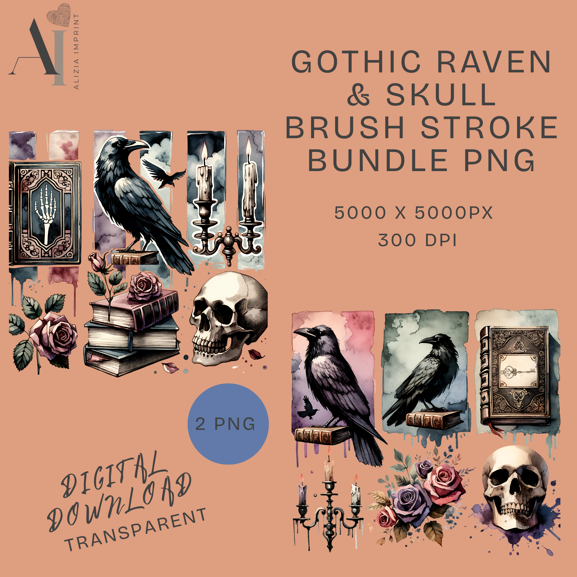 Gothic Raven & Skull Watercolor Brushstroke Bundle: Dark Academia PNG (Digital Download)