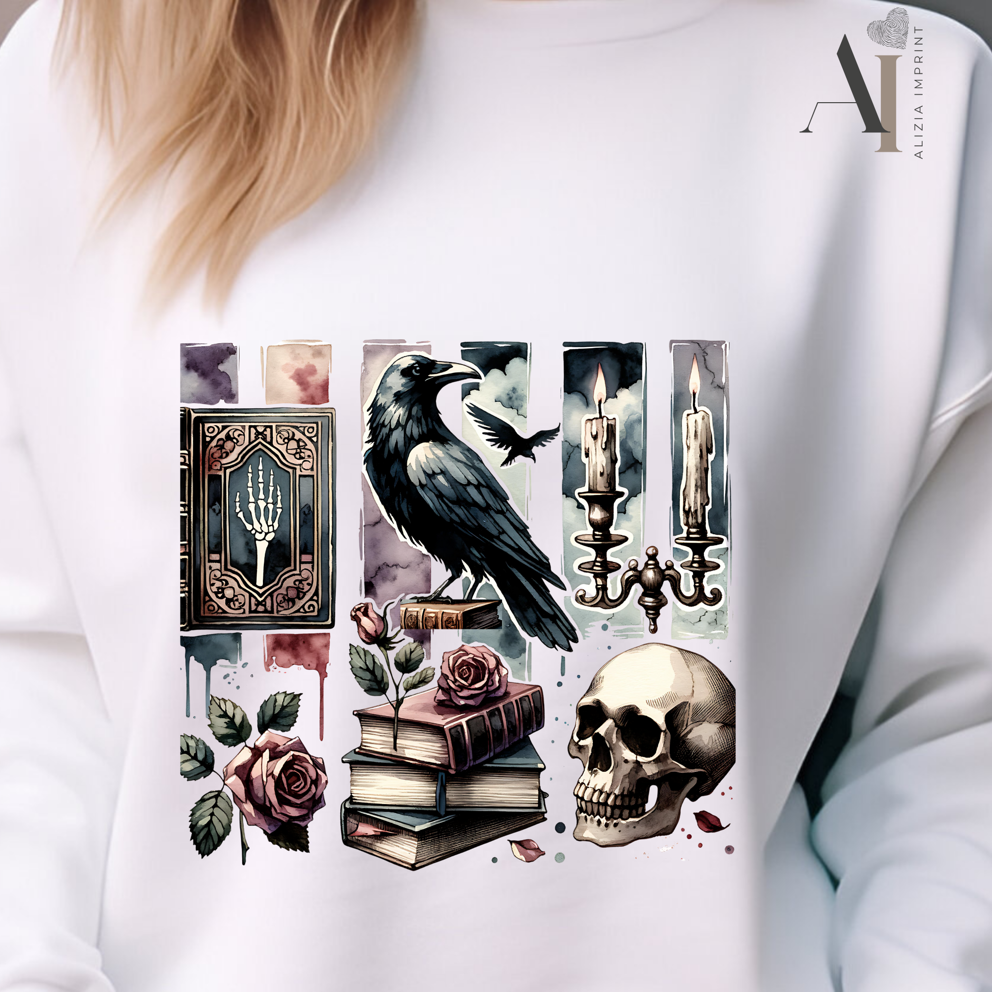 Gothic Raven & Skull Watercolor Brushstroke Bundle: Dark Academia PNG (Digital Download)