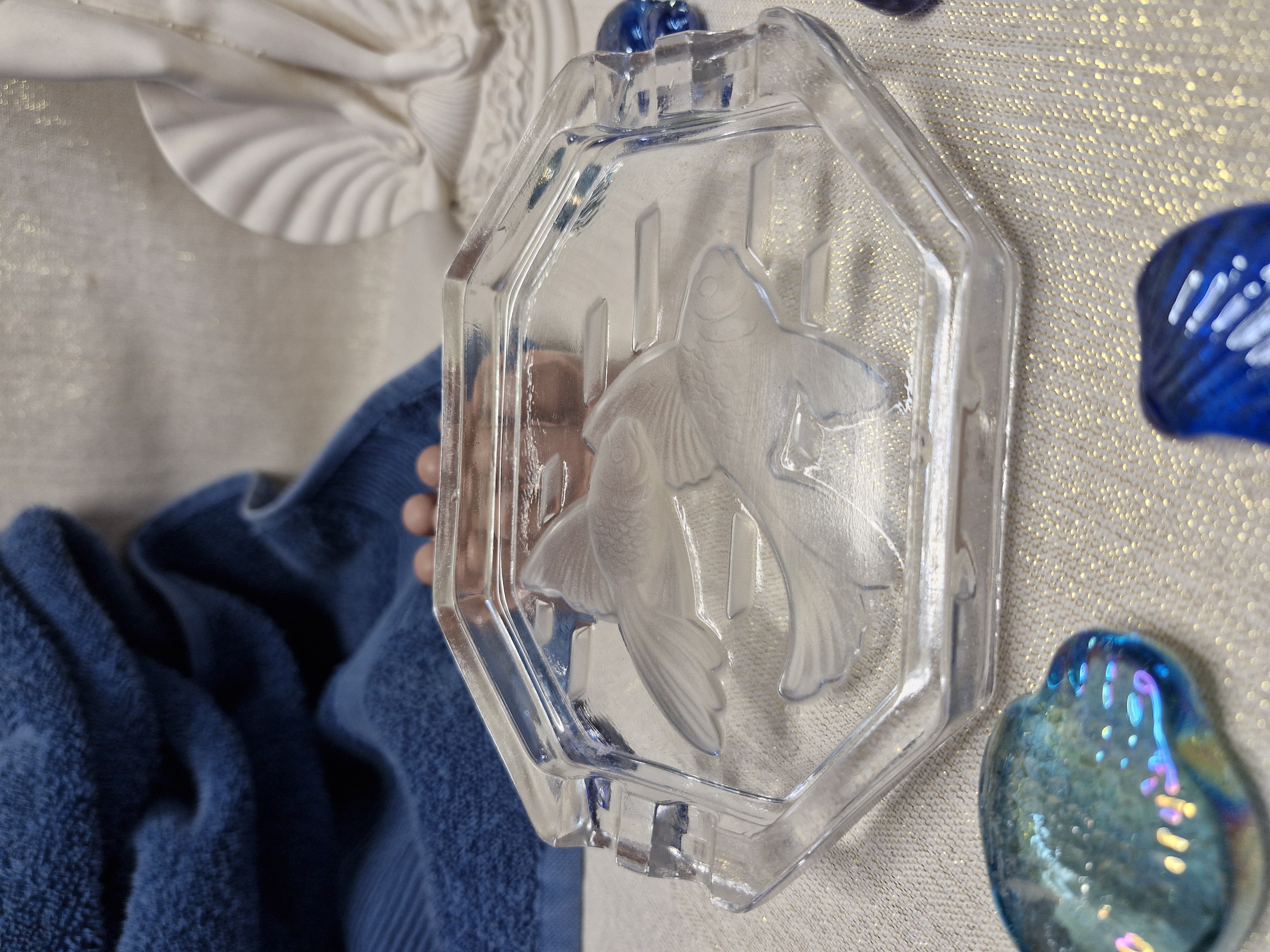 Elégant porte savon transparent en verre avec motif poisson dépoli et son savon