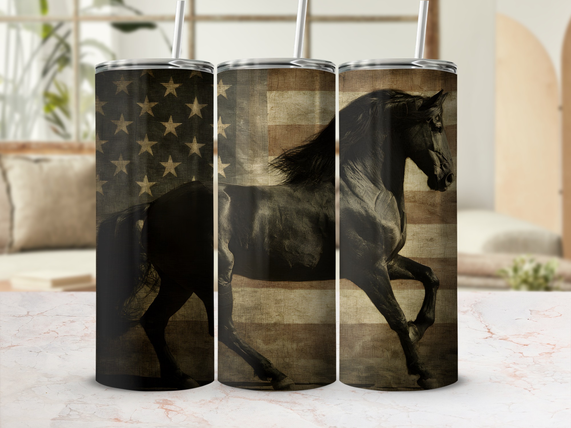 Patriotic Black Horse Tumbler Wrap | American Flag Horse 20oz Skinny Sublimation Design | Western Freedom Tumbler Wrap