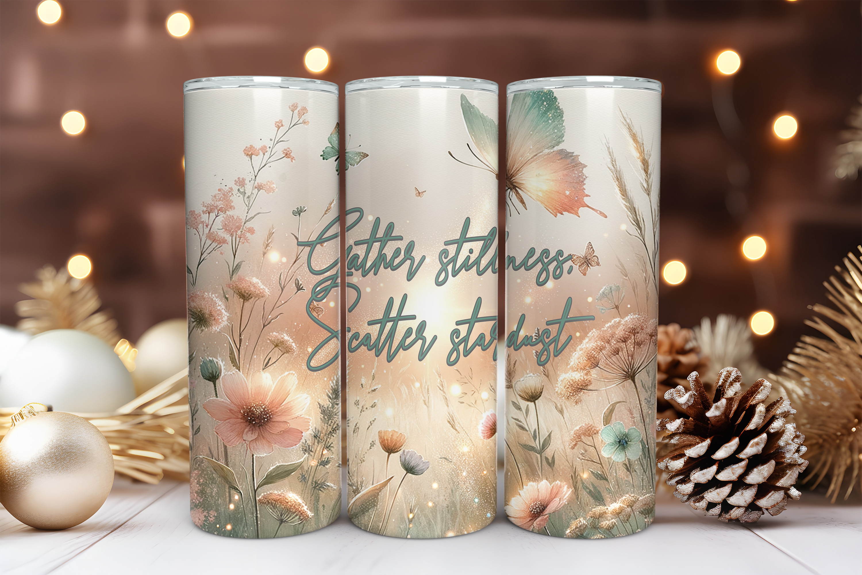 Boho Flowers 20 oz Skinny Tumbler Sublimation Design Digital Download PNG Instant DIGITAL ONLY, Inspirational Gather Stillness Tumbler Wrap