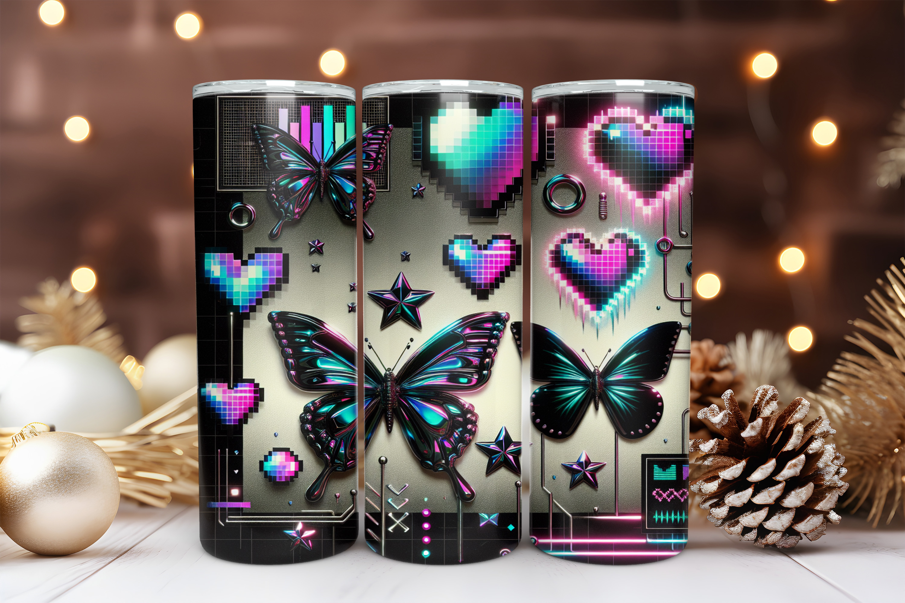 Butterfly 20 oz Skinny Tumbler Sublimation Design Digital Download PNG Instant DIGITAL ONLY, Chrome Butterfly Tumbler Wrap