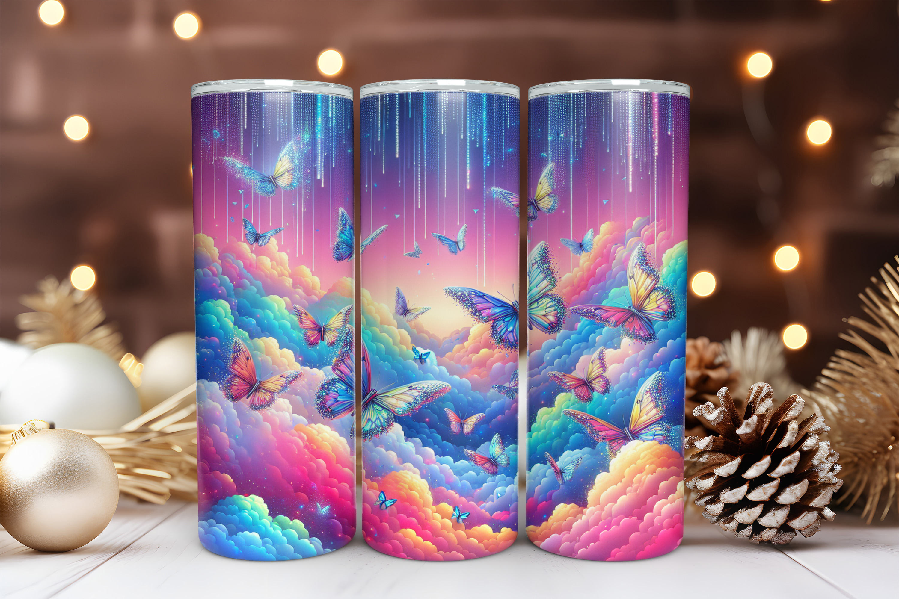Butterfly 20 oz Skinny Tumbler Sublimation Design Digital Download PNG Instant DIGITAL ONLY, Butterfly Clouds Tumbler Wrap