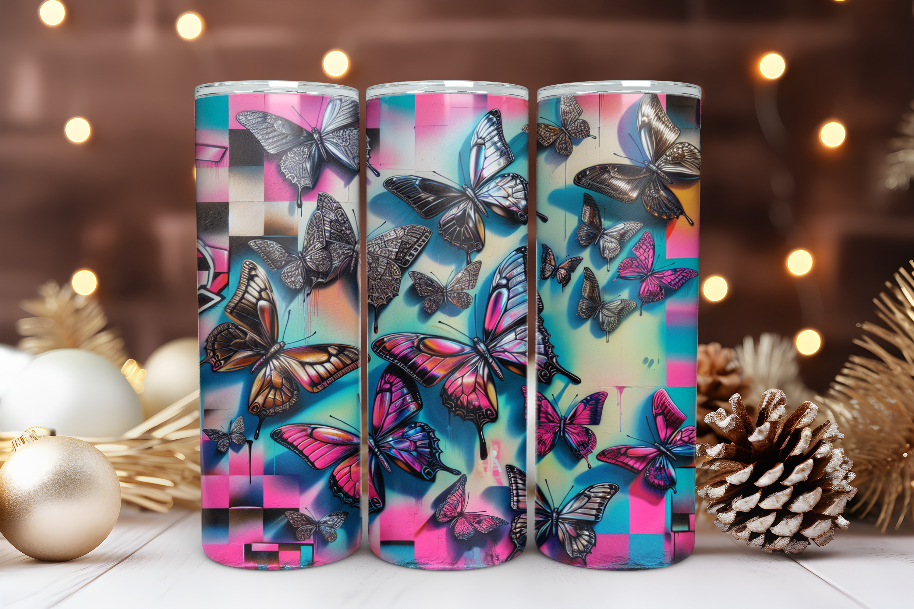 Butterfly 20 oz Skinny Tumbler Sublimation Design Digital Download PNG Instant DIGITAL ONLY, Butterfly Mural Tumbler Wrap