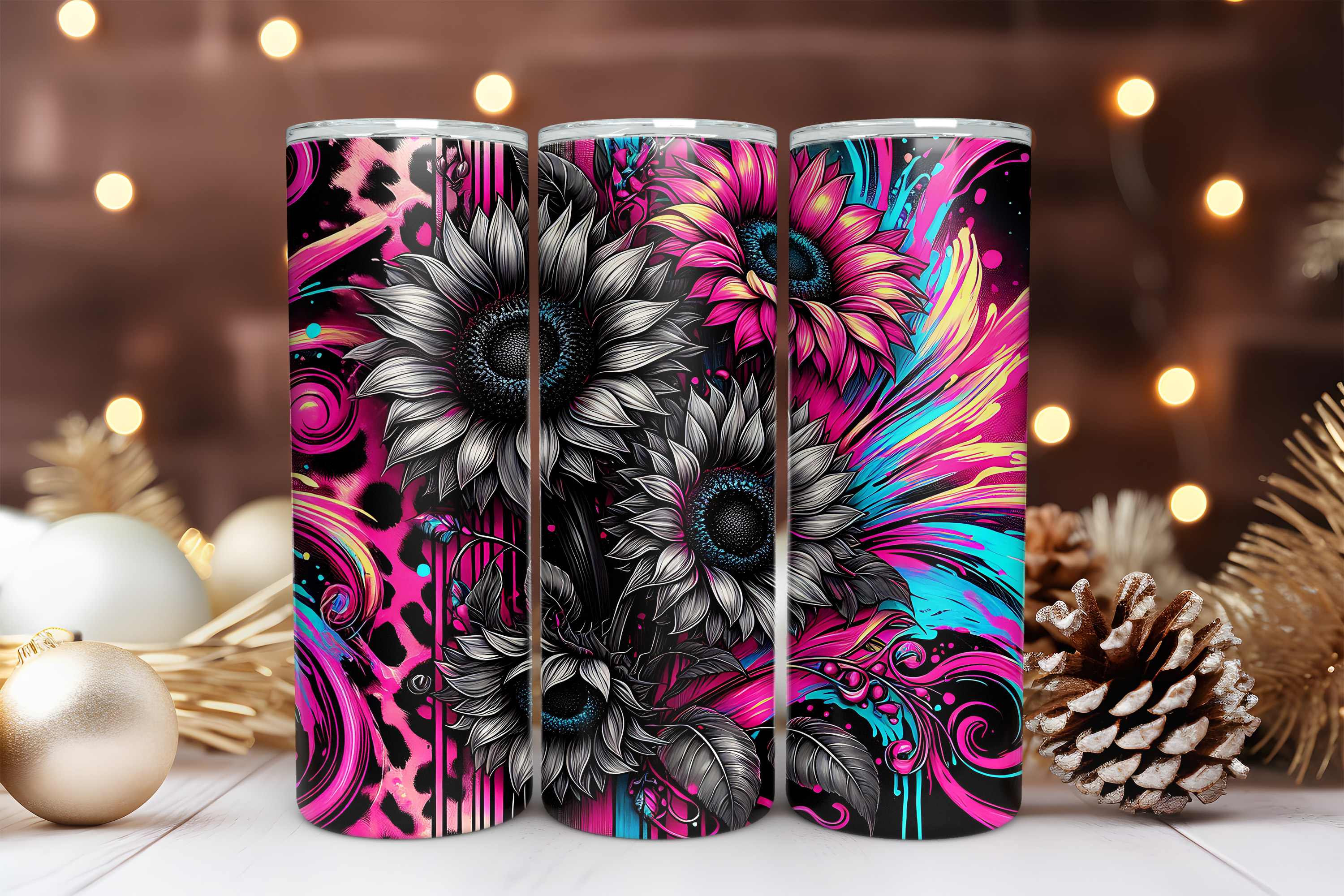 Neon Sunflower 20 oz Skinny Tumbler Sublimation Design Digital Download PNG Instant DIGITAL ONLY Neon Sunflower Splash Tumbler Wrap