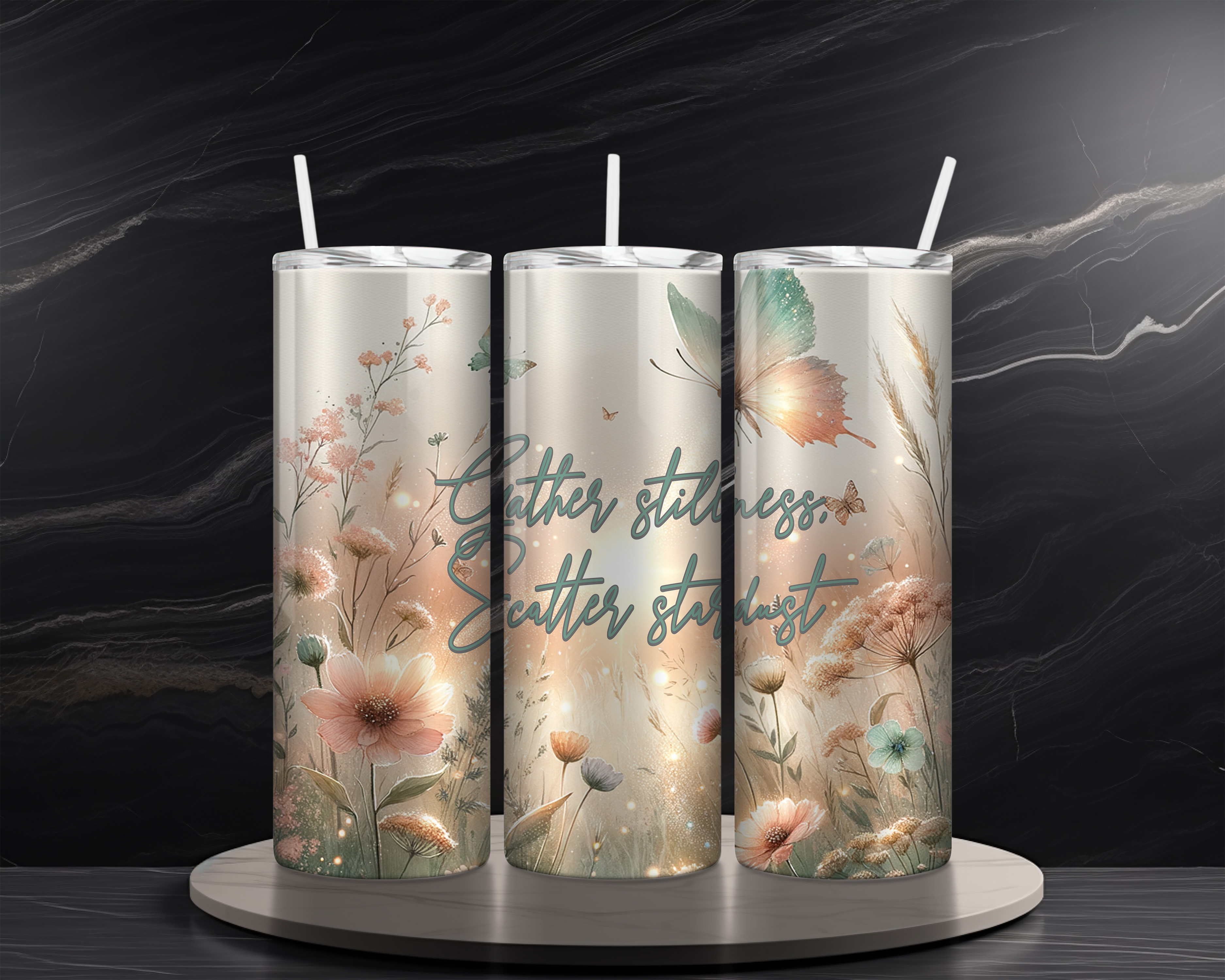 Boho Flowers 20 oz Skinny Tumbler Sublimation Design Digital Download PNG Instant DIGITAL ONLY, Inspirational Gather Stillness Tumbler Wrap