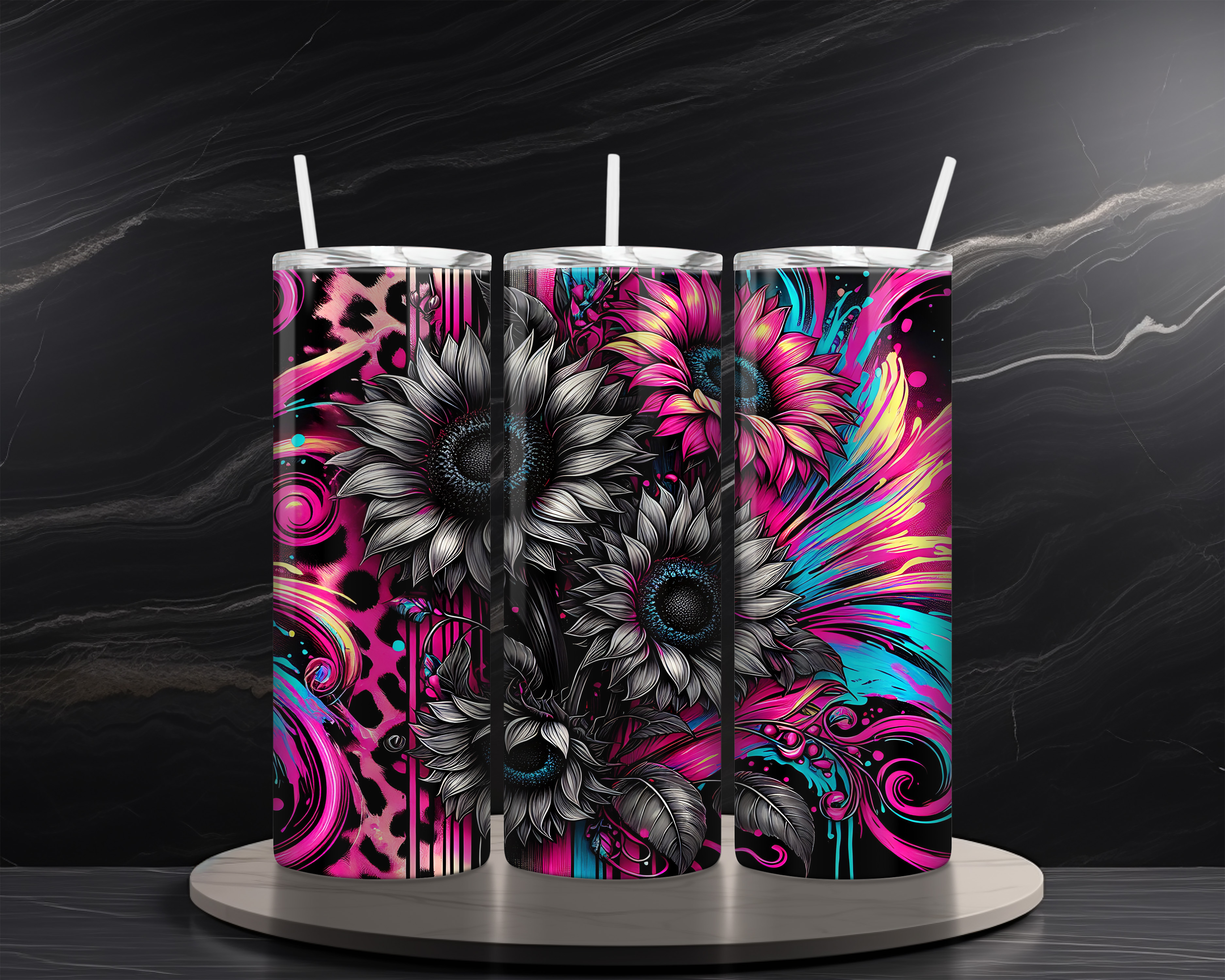 Neon Sunflower 20 oz Skinny Tumbler Sublimation Design Digital Download PNG Instant DIGITAL ONLY Neon Sunflower Splash Tumbler Wrap