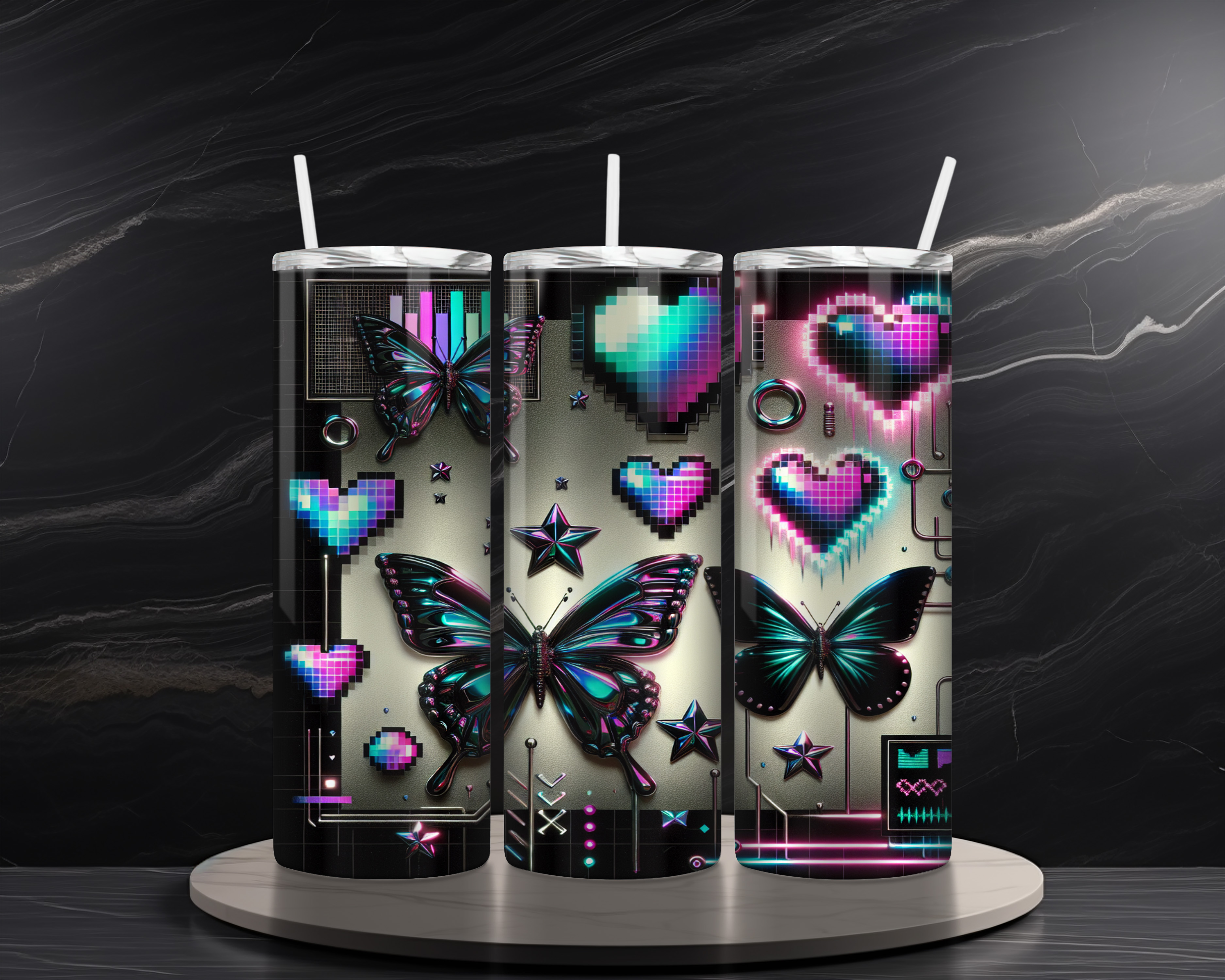 Butterfly 20 oz Skinny Tumbler Sublimation Design Digital Download PNG Instant DIGITAL ONLY, Chrome Butterfly Tumbler Wrap