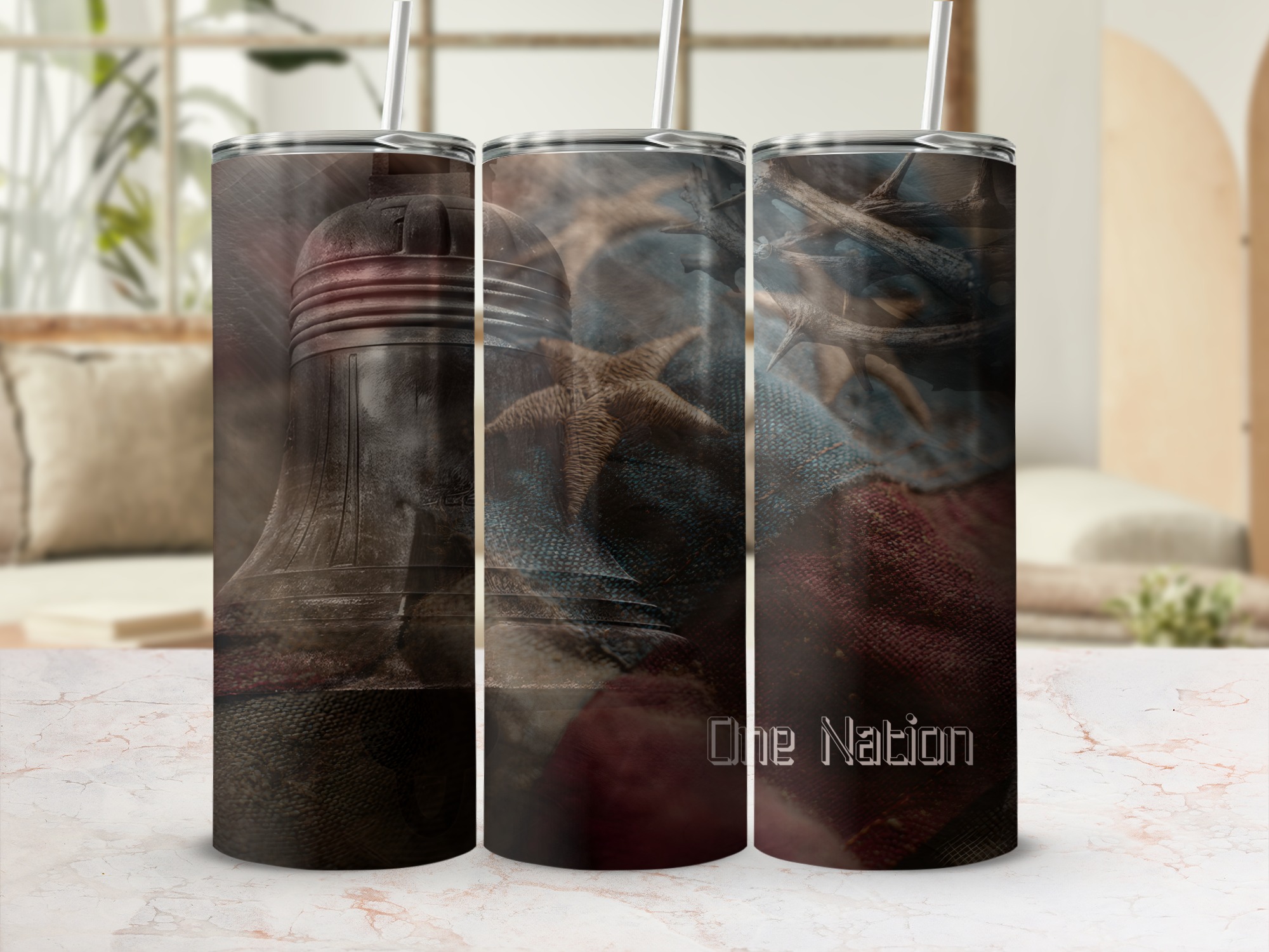 One Nation Patriotic Tumbler Wrap | American Freedom Eagle Bell 20oz Skinny Sublimation Design | Rustic USA Unity Tumbler Wrap