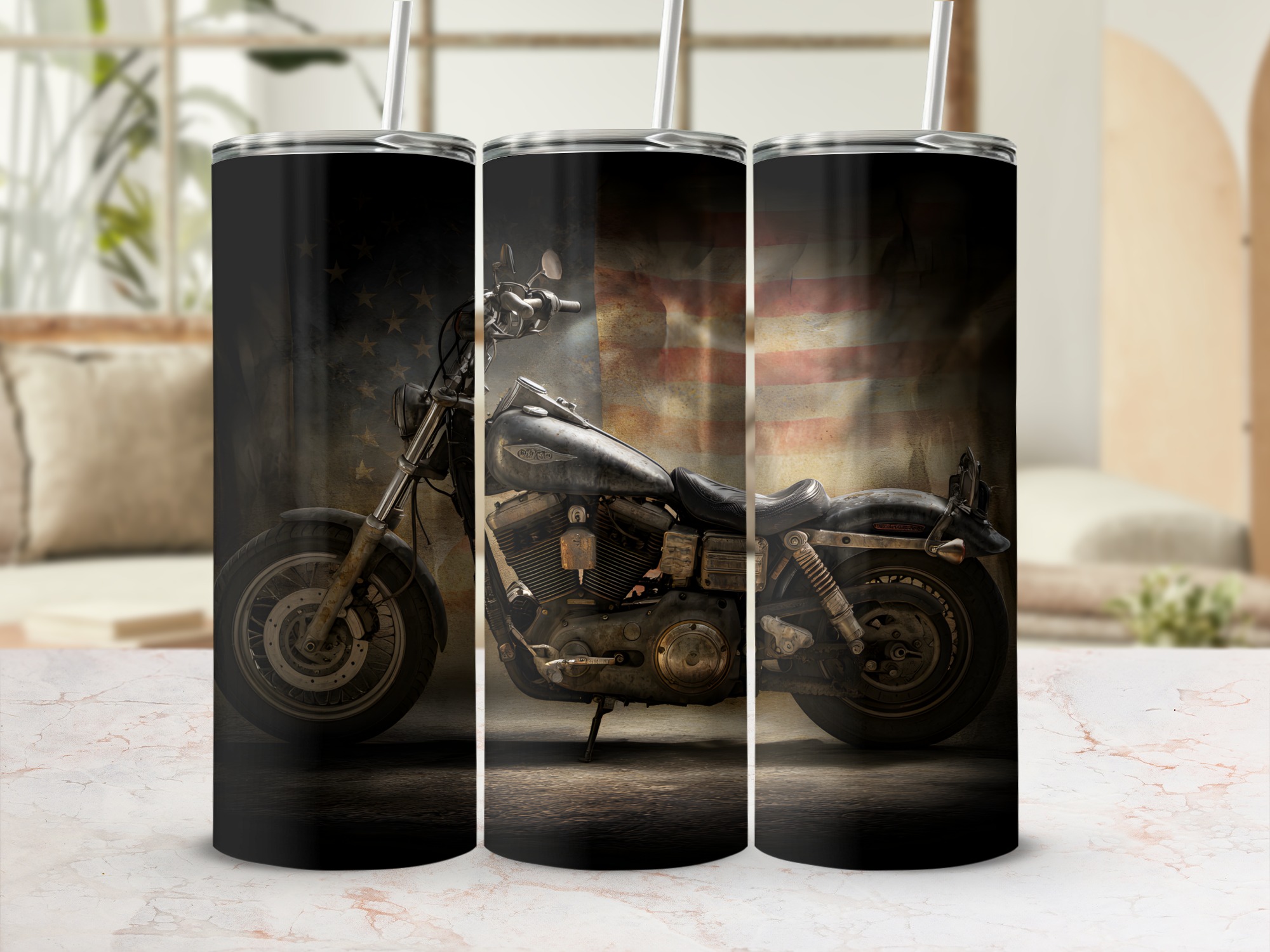 Patriotic Motorcycle Tumbler Wrap | American Flag Biker 20oz Skinny Sublimation Design | Vintage Harley Style Tumbler Wrap