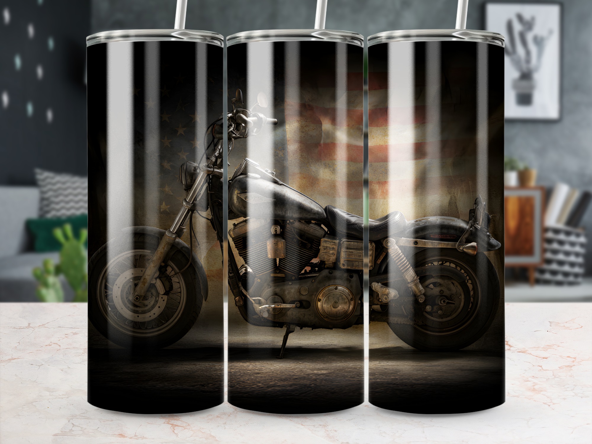 Patriotic Motorcycle Tumbler Wrap | American Flag Biker 20oz Skinny Sublimation Design | Vintage Harley Style Tumbler Wrap