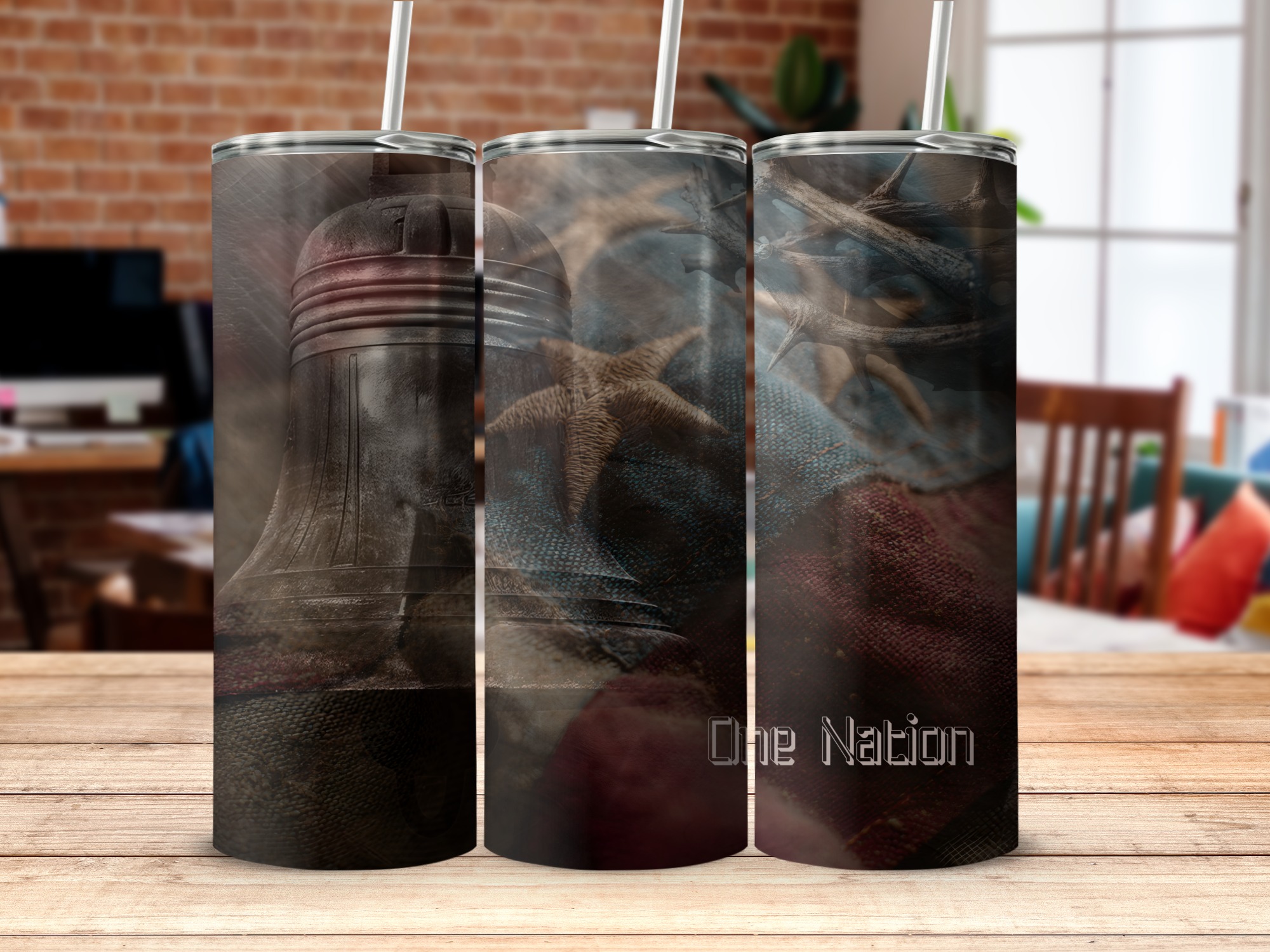 One Nation Patriotic Tumbler Wrap | American Freedom Eagle Bell 20oz Skinny Sublimation Design | Rustic USA Unity Tumbler Wrap
