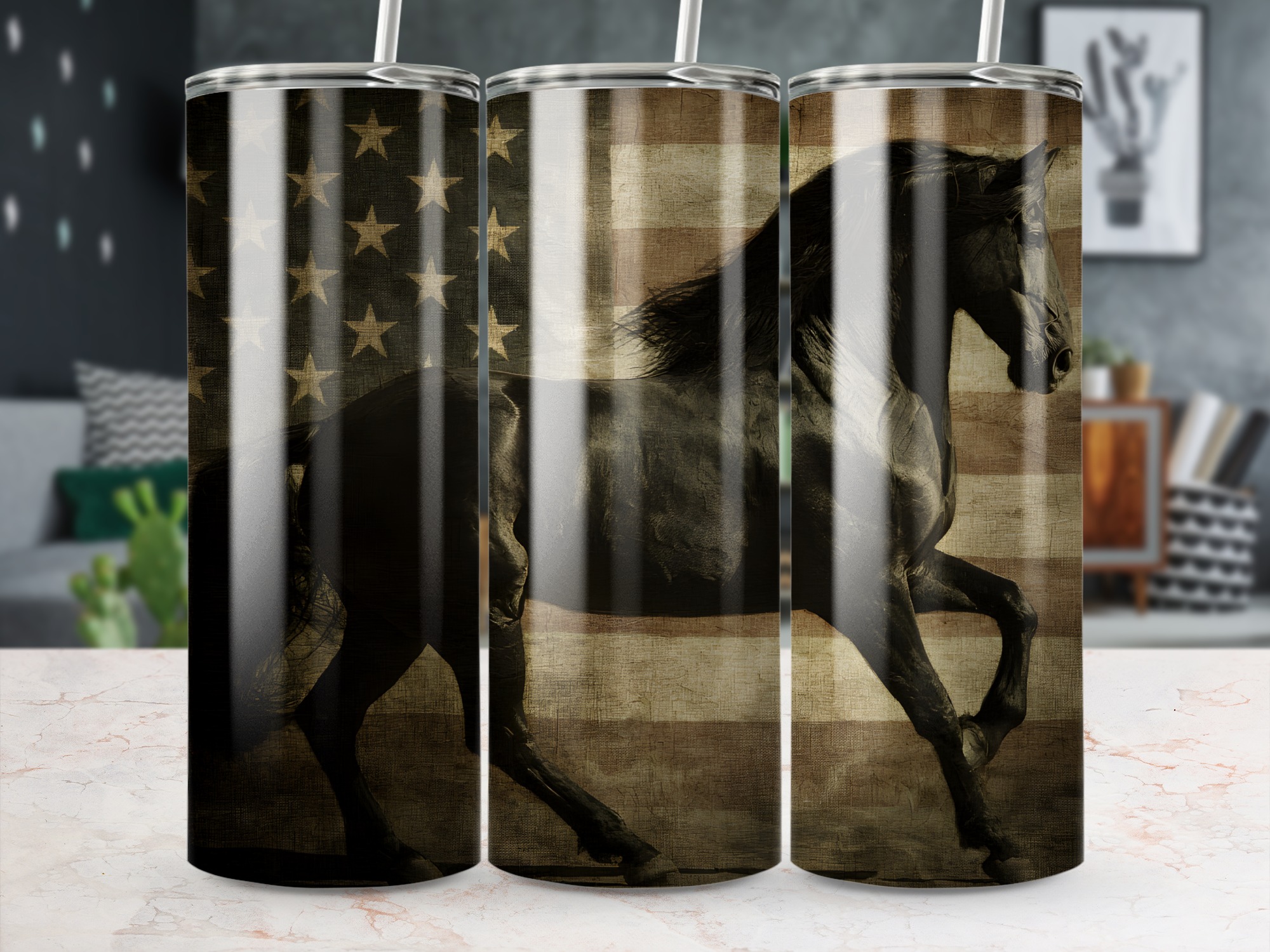 Patriotic Black Horse Tumbler Wrap | American Flag Horse 20oz Skinny Sublimation Design | Western Freedom Tumbler Wrap