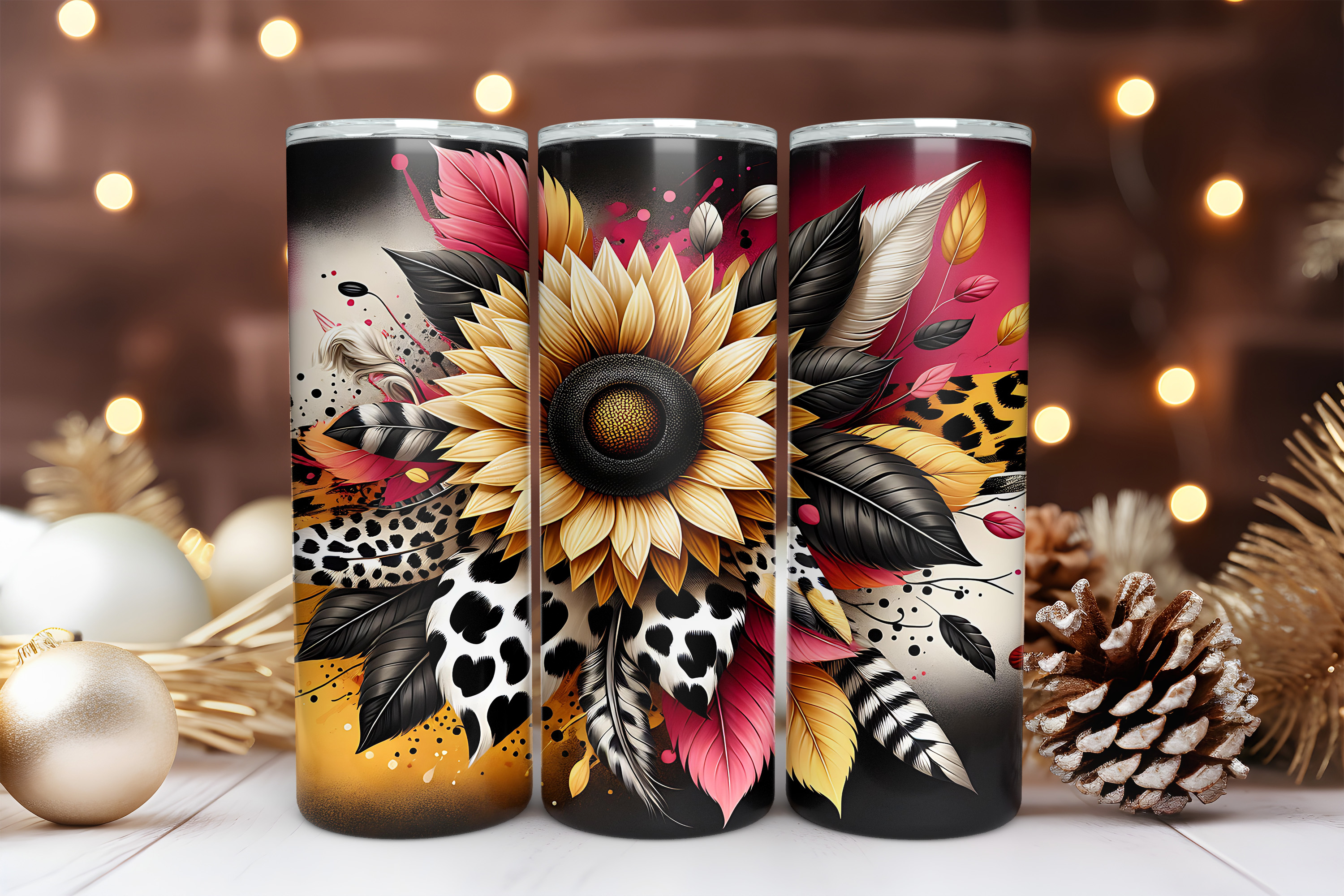 Sunflower 20 oz Skinny Tumbler Sublimation Design Digital Download PNG Instant DIGITAL ONLY Leopard Sunflower 2 Tumbler Wrap