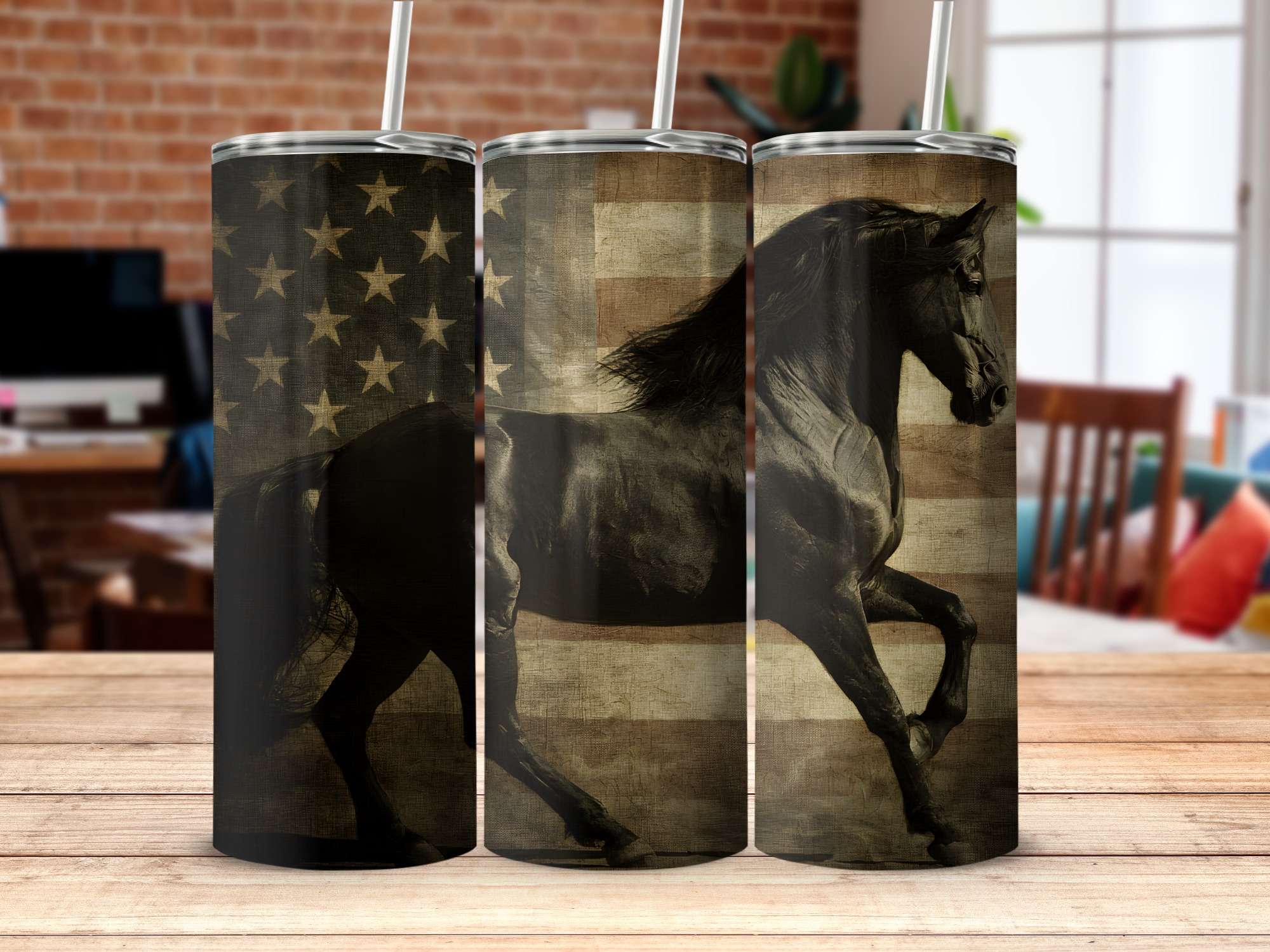 Patriotic Black Horse Tumbler Wrap | American Flag Horse 20oz Skinny Sublimation Design | Western Freedom Tumbler Wrap
