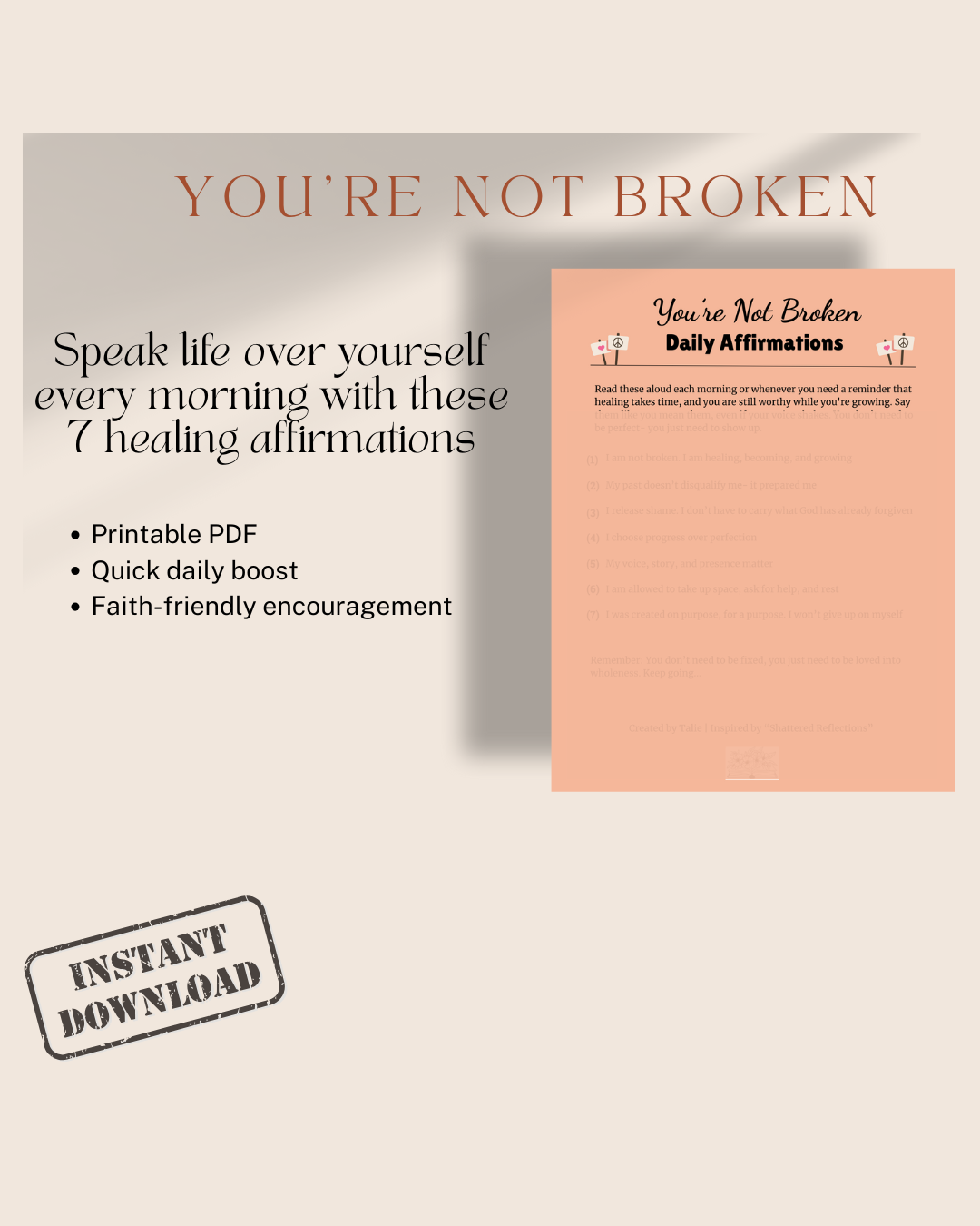 “You’re Not Broken” Daily Affirmation Sheet 