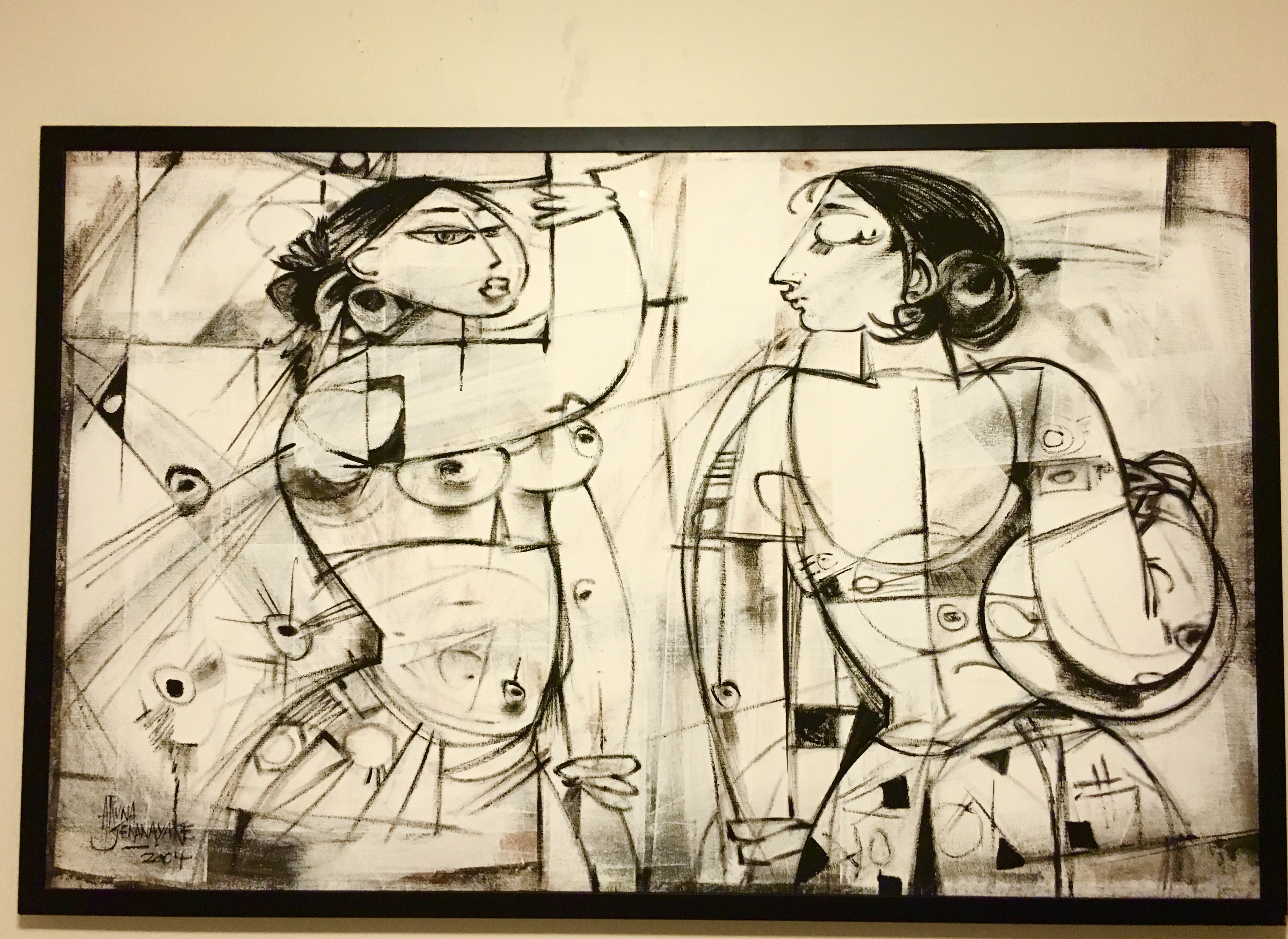 Sri Lankan artist Aruna Senanayake "Two Women Collecting Water" 2004  monochrome painting 