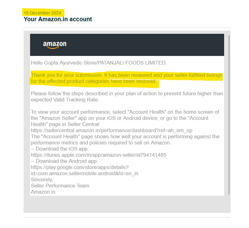 Amazon Account Reinstatement for Suspension Due to Valid Tracking Rate (VTR) Issues