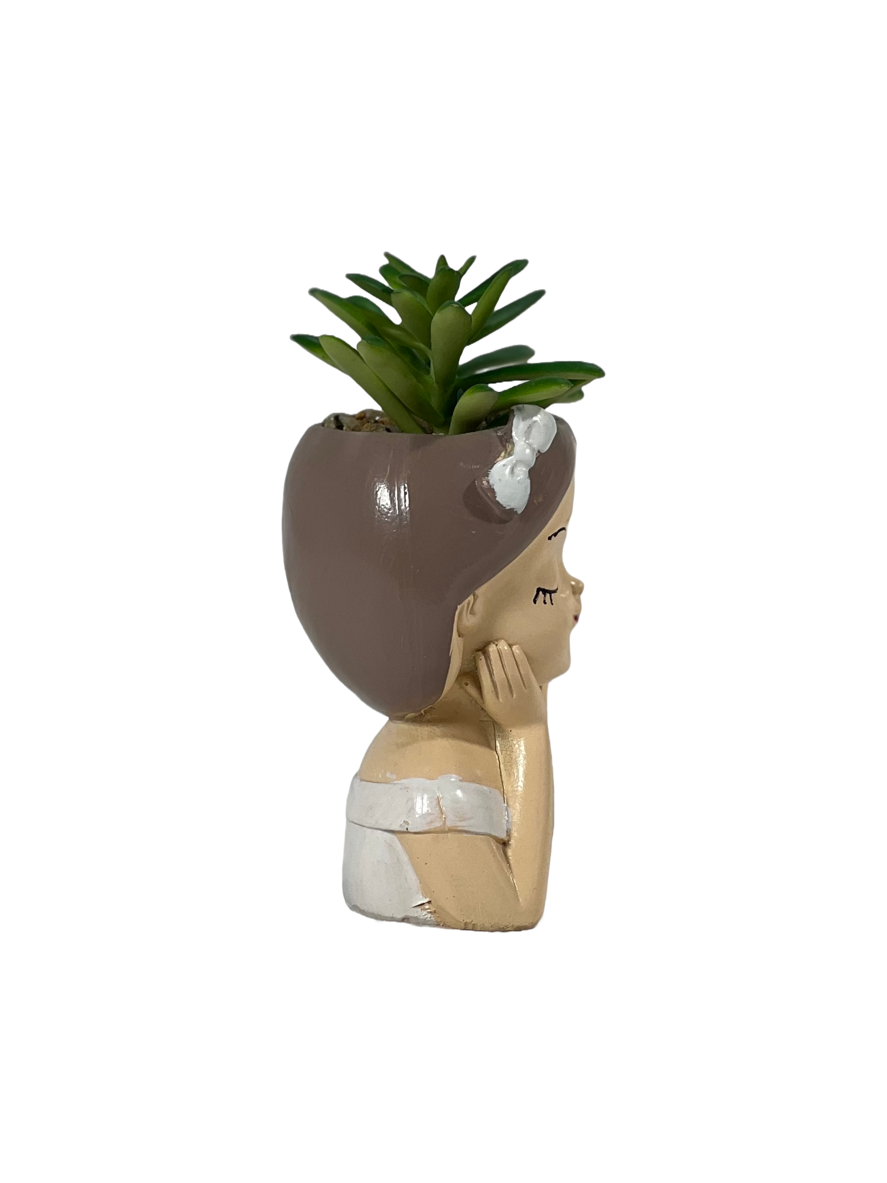 The Green Gallery Girl Face Planter Collection – Set of 6 Styles in Pink & White Bows | Decorative Ceramic Pots with Faux Succulents (15 cm)