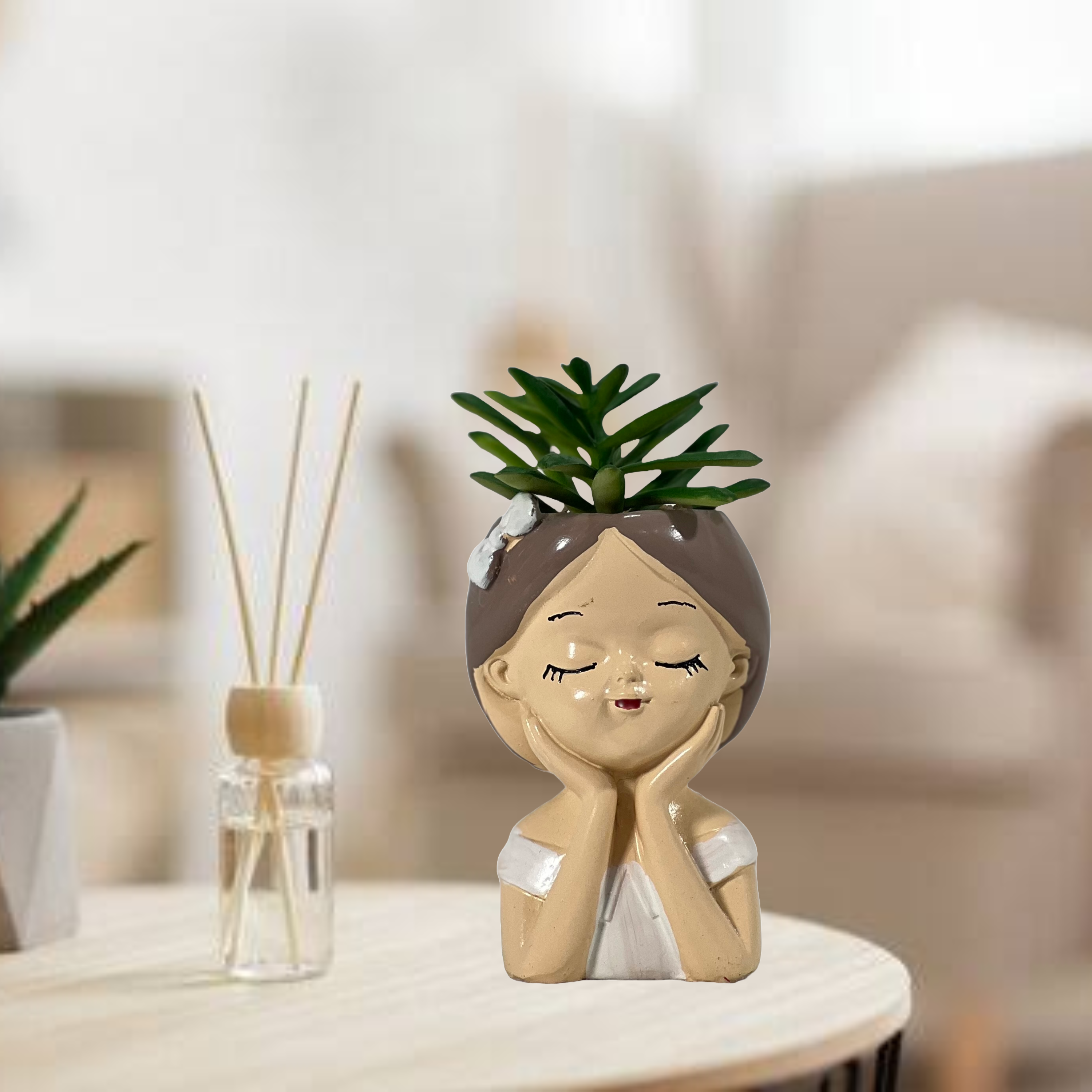 The Green Gallery Girl Face Planter Collection – Set of 6 Styles in Pink & White Bows | Decorative Ceramic Pots with Faux Succulents (15 cm)