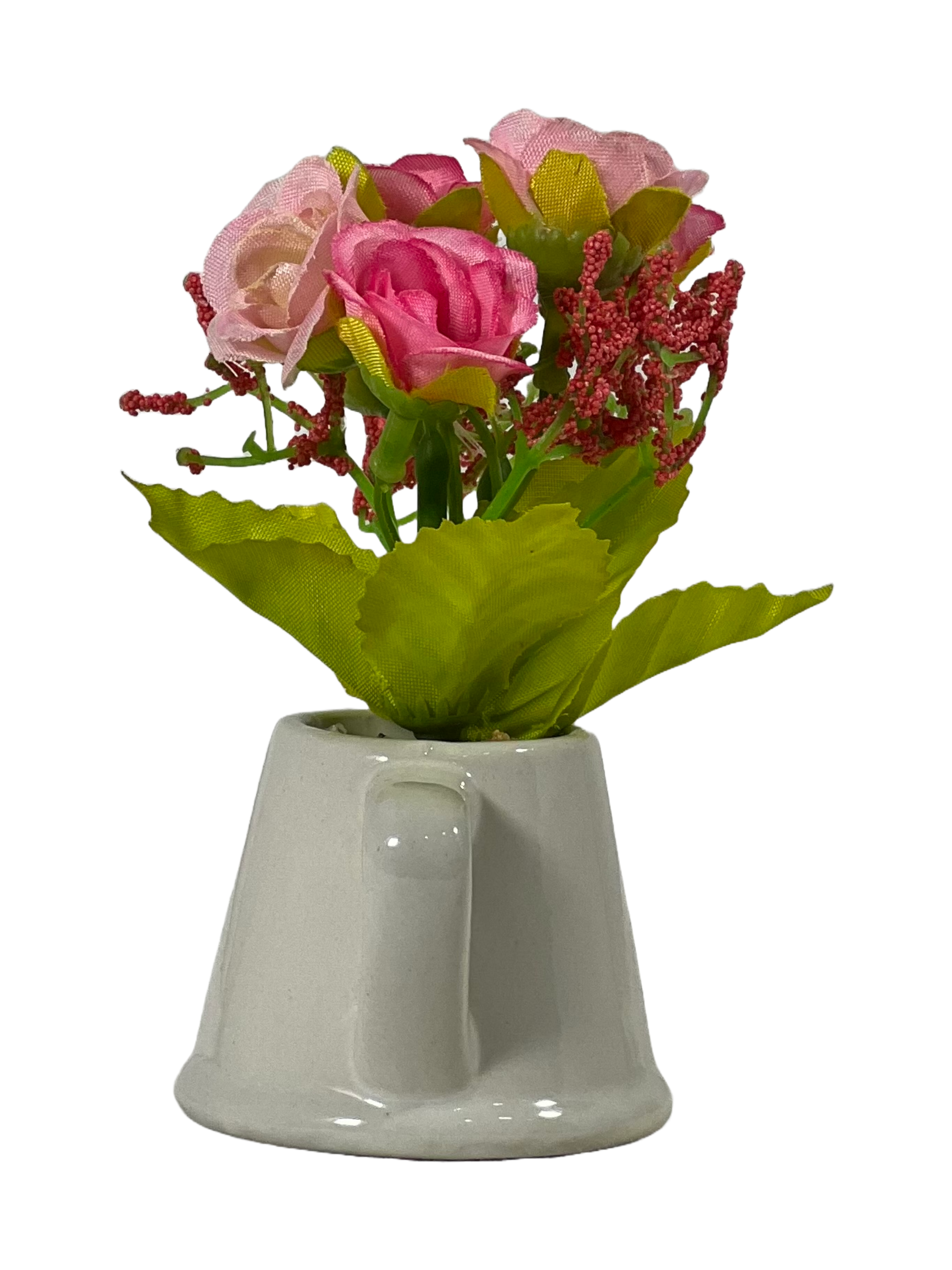 The Green Gallery Mini Rose Planter Collection – Artificial Flowers in White Ceramic Watering Pot | 4 Color Variants | 10–12 cm Height 