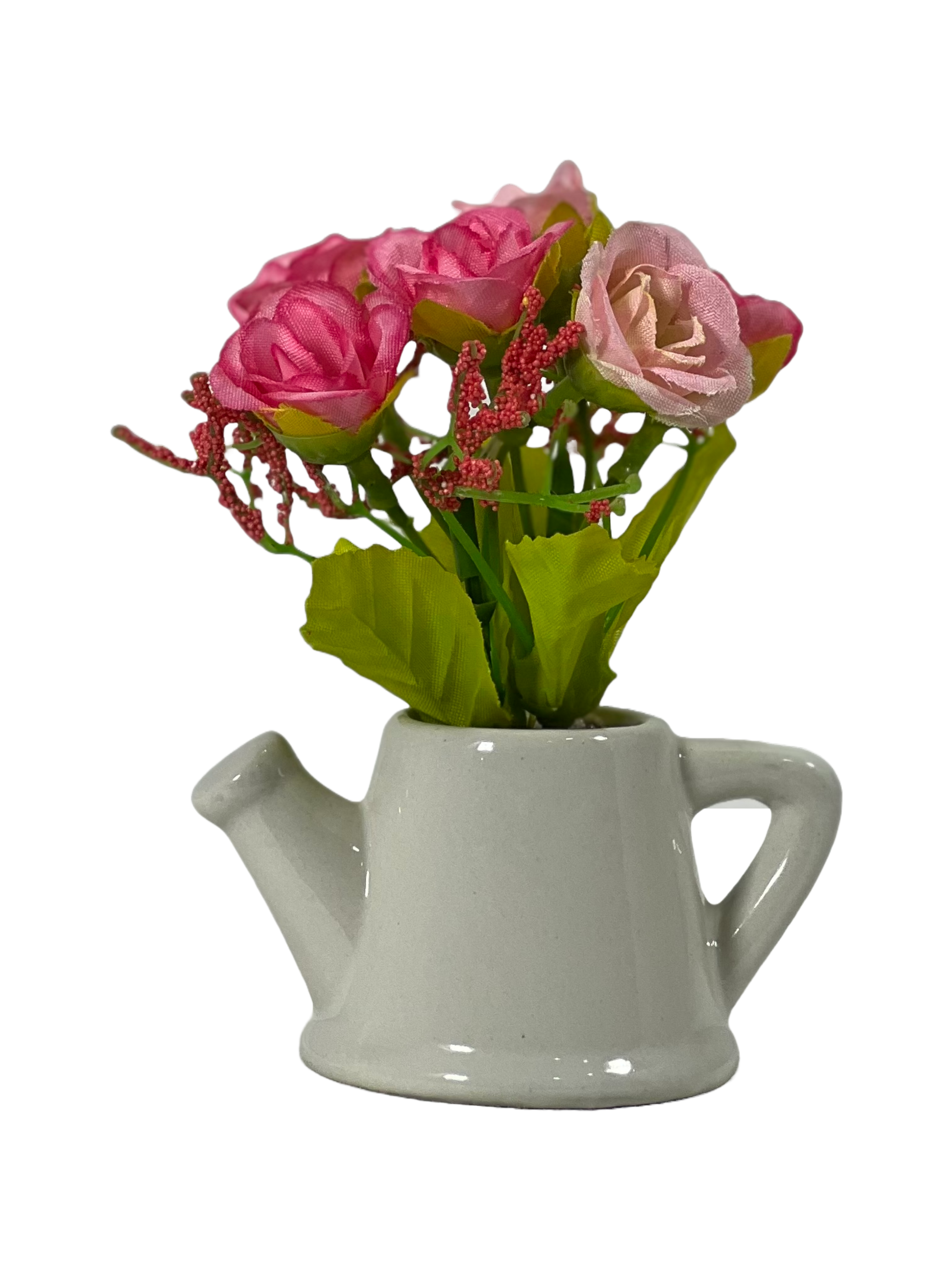 The Green Gallery Mini Rose Planter Collection – Artificial Flowers in White Ceramic Watering Pot | 4 Color Variants | 10–12 cm Height 