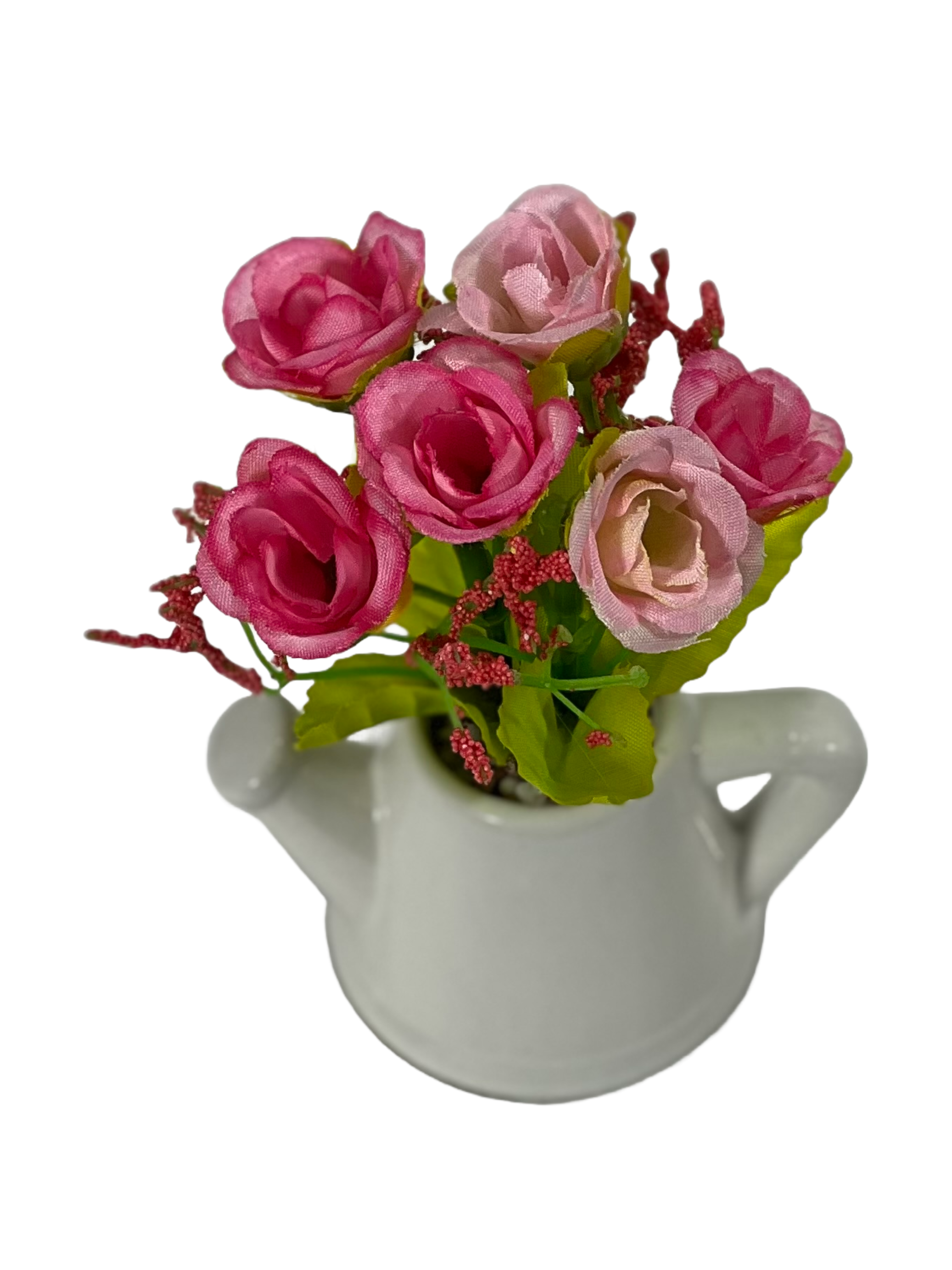 The Green Gallery Mini Rose Planter Collection – Artificial Flowers in White Ceramic Watering Pot | 4 Color Variants | 10–12 cm Height 