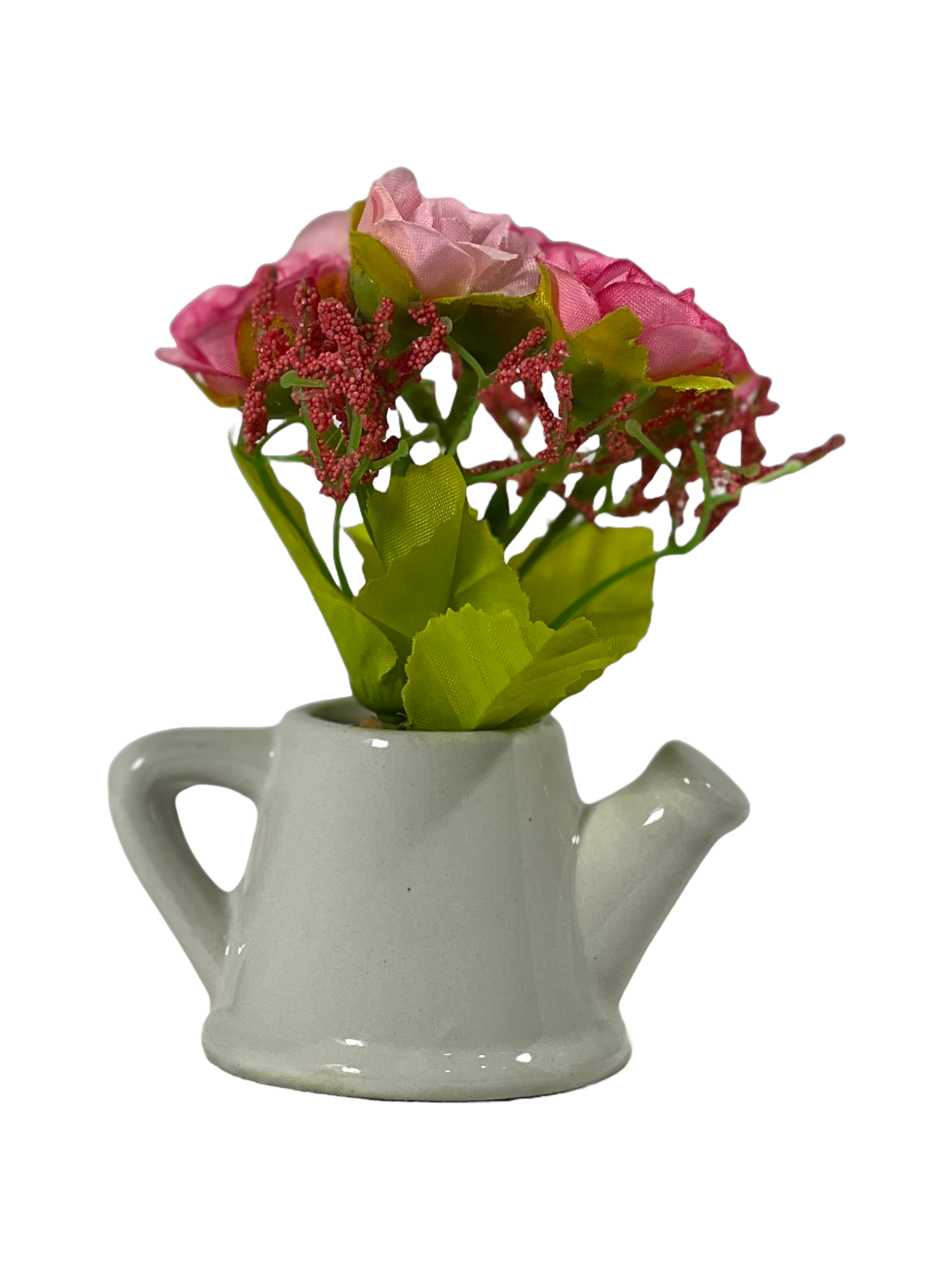 The Green Gallery Mini Rose Planter Collection – Artificial Flowers in White Ceramic Watering Pot | 4 Color Variants | 10–12 cm Height 